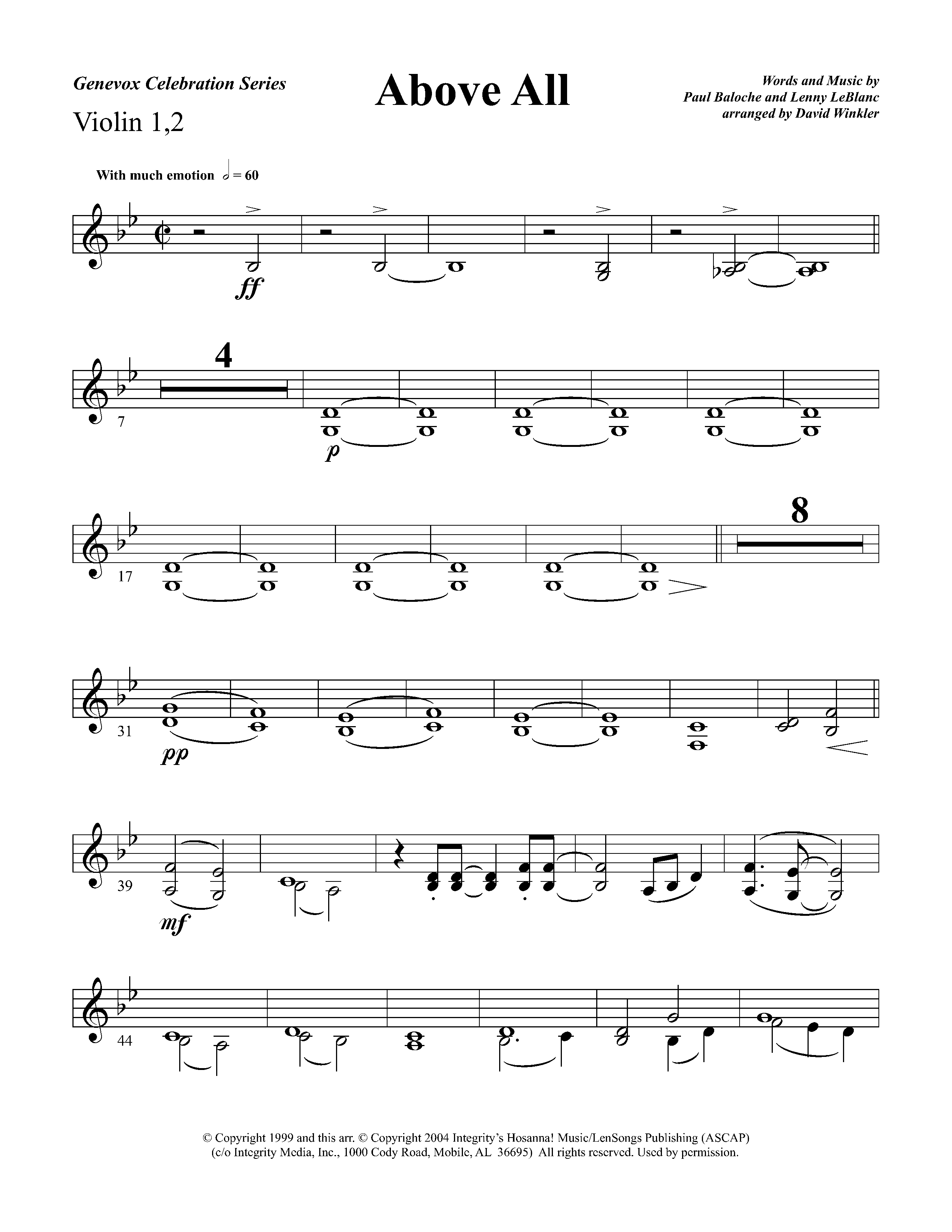 Above All (Instrumental) Violin 1/2 (Lifeway Worship / Arr. David Winkler)