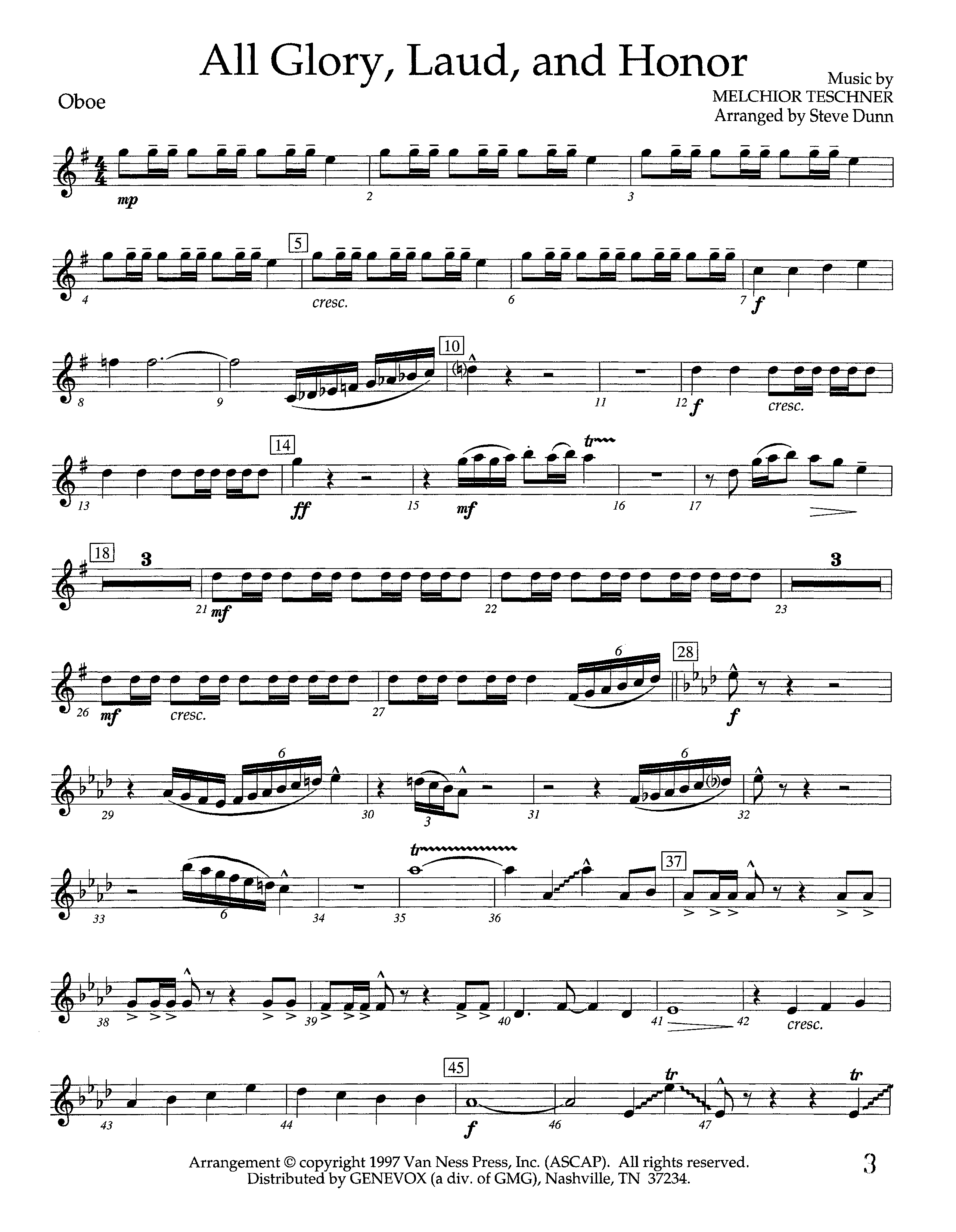 All Glory Laud And Honor (Instrumental) Oboe (Lifeway Worship / Arr. Steve Dunn)