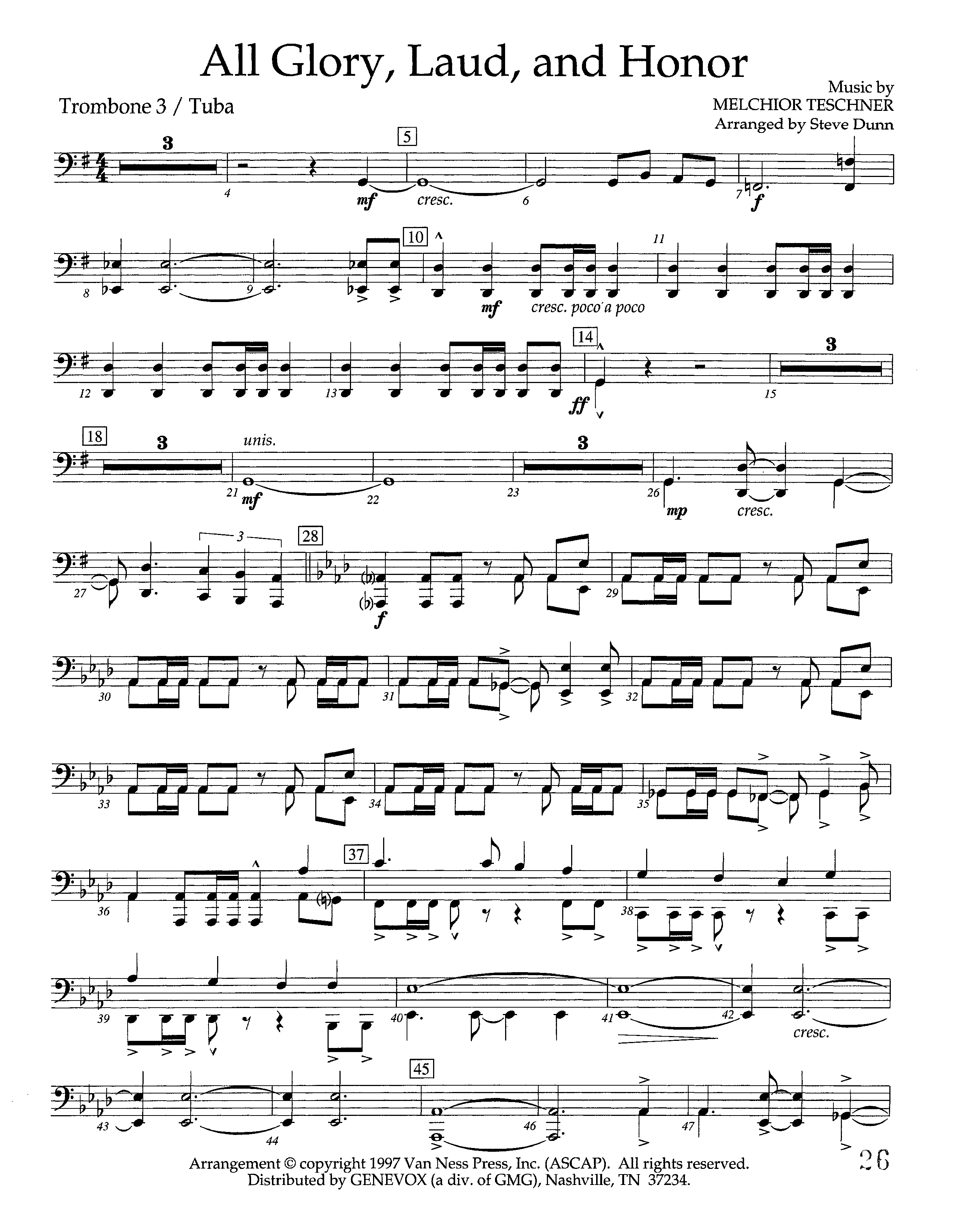 All Glory Laud And Honor (Instrumental) Trombone 3/Tuba (Lifeway Worship / Arr. Steve Dunn)