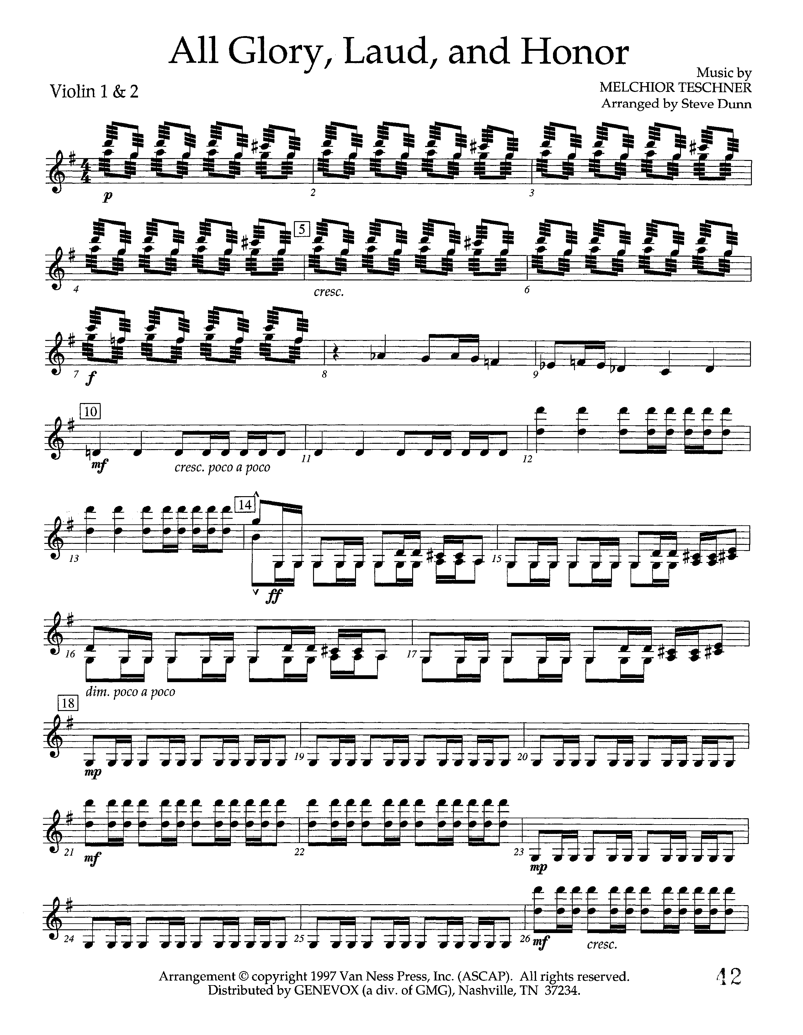 All Glory Laud And Honor (Instrumental) Violin 1/2 (Lifeway Worship / Arr. Steve Dunn)