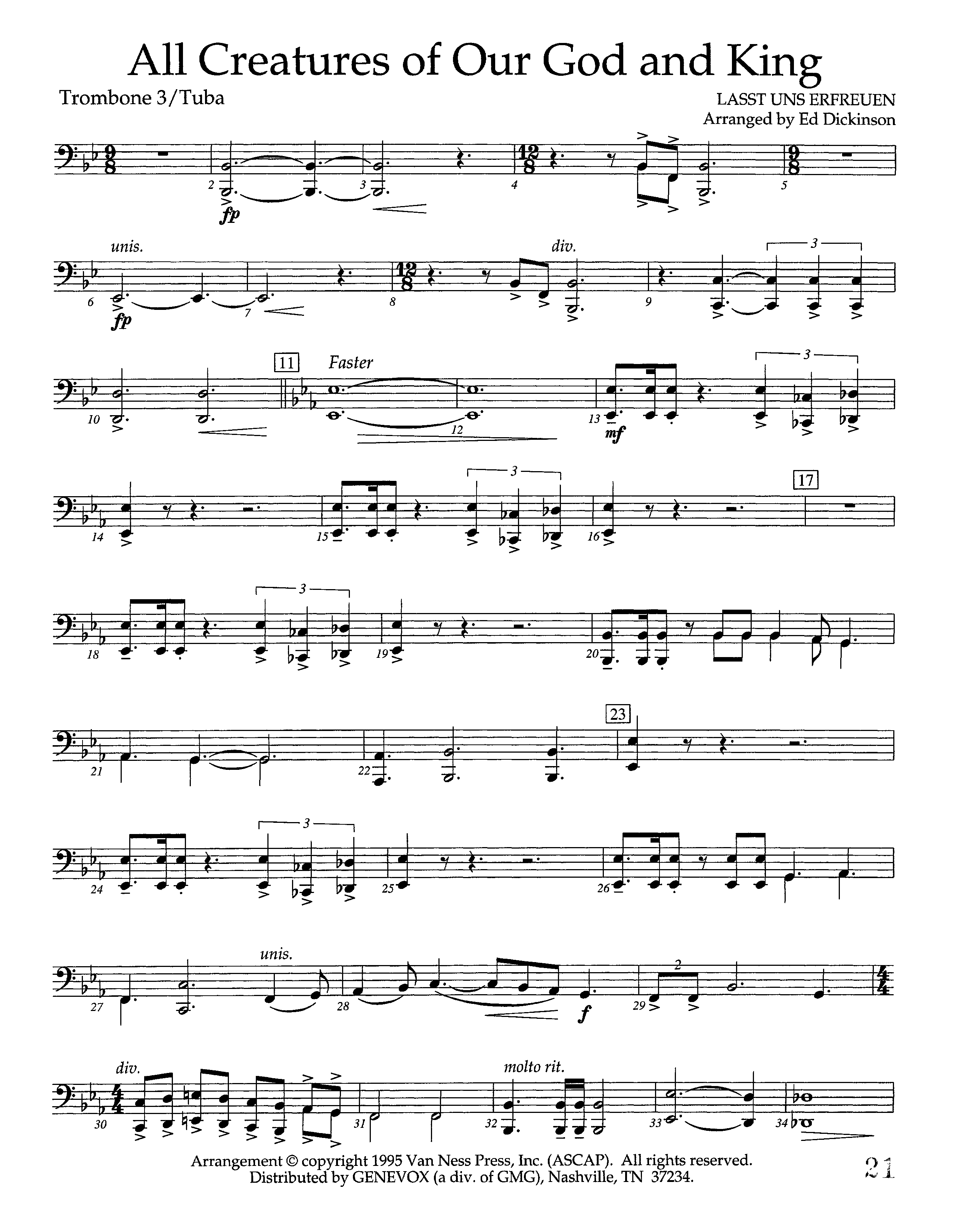 All Creatures Of Our God And King (Instrumental) Trombone 3/Tuba (Lifeway Worship / Arr. Ed Dickinson)