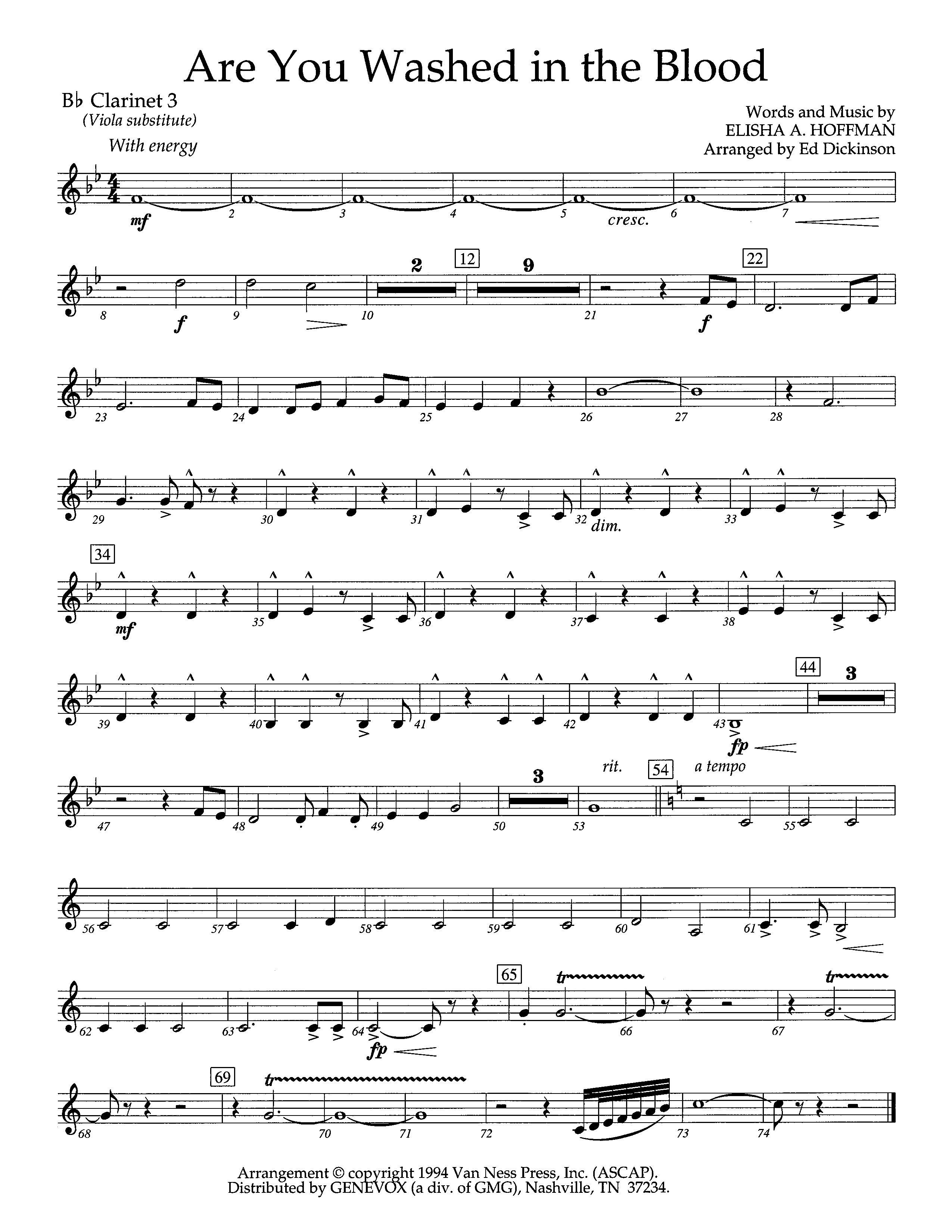 Are You Washed In The Blood (Instrumental) Clarinet 3 (Lifeway Worship / Arr. Ed Dickinson)