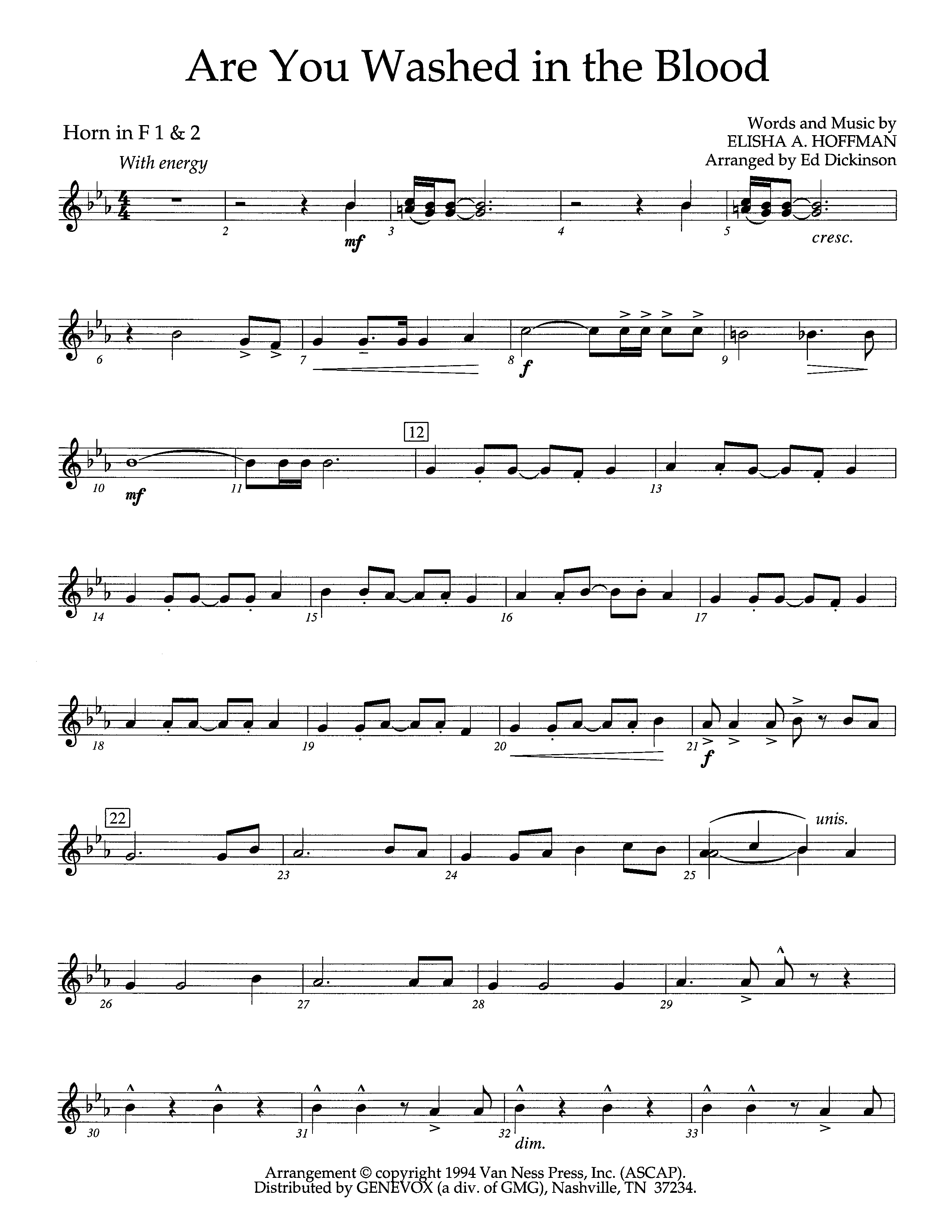 Are You Washed In The Blood (Instrumental) French Horn 1/2 (Lifeway Worship / Arr. Ed Dickinson)