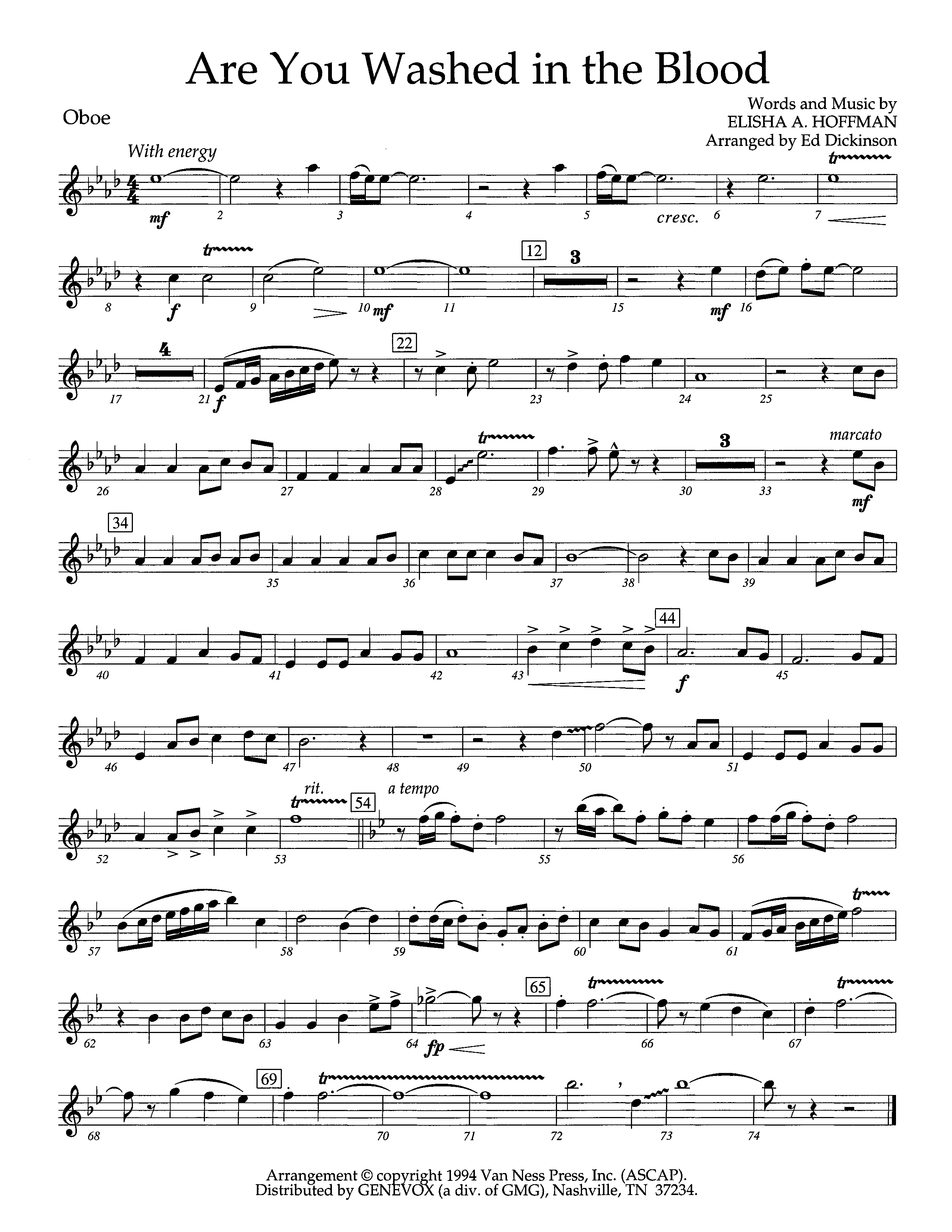 Are You Washed In The Blood (Instrumental) Oboe (Lifeway Worship / Arr. Ed Dickinson)