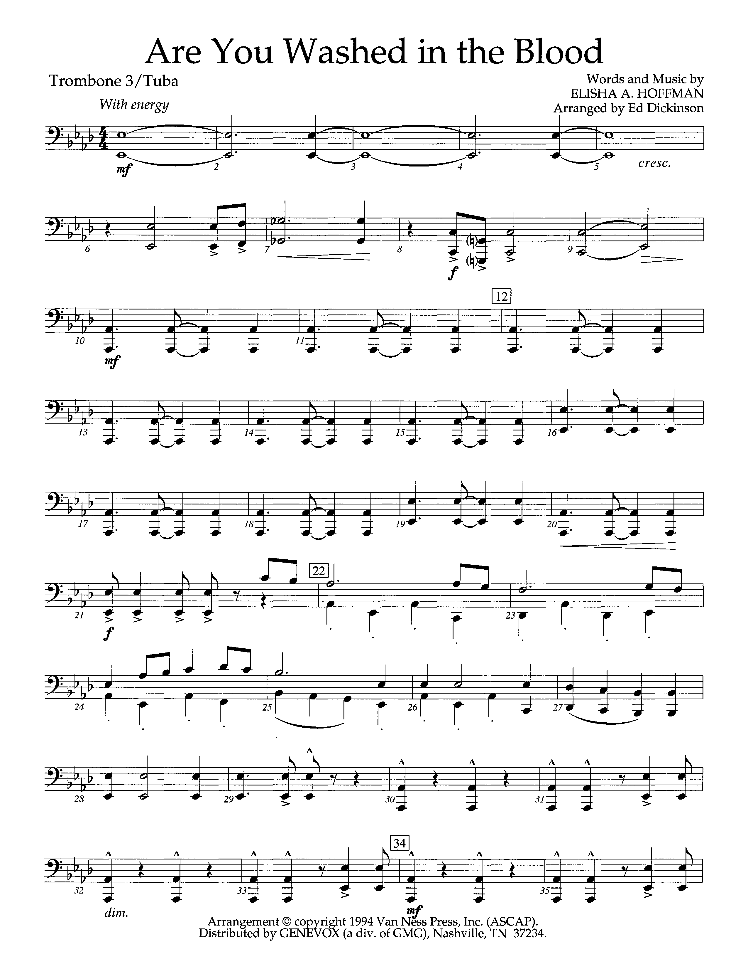 Are You Washed In The Blood (Instrumental) Trombone 3/Tuba (Lifeway Worship / Arr. Ed Dickinson)