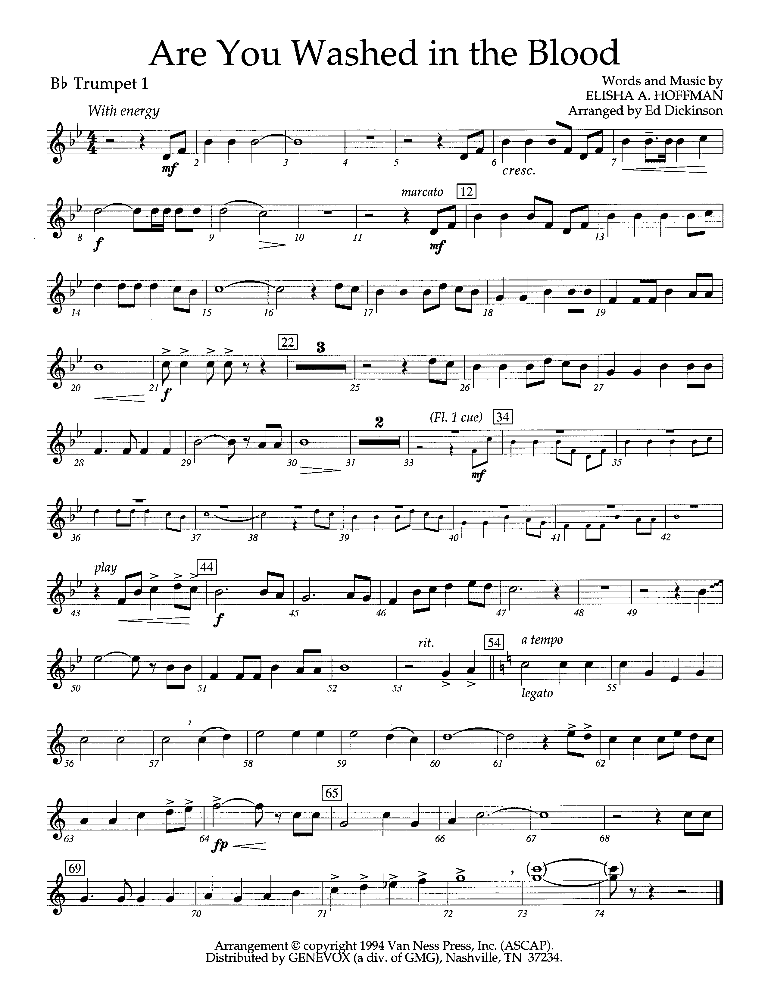 Are You Washed In The Blood (Instrumental) Trumpet 1 (Lifeway Worship / Arr. Ed Dickinson)