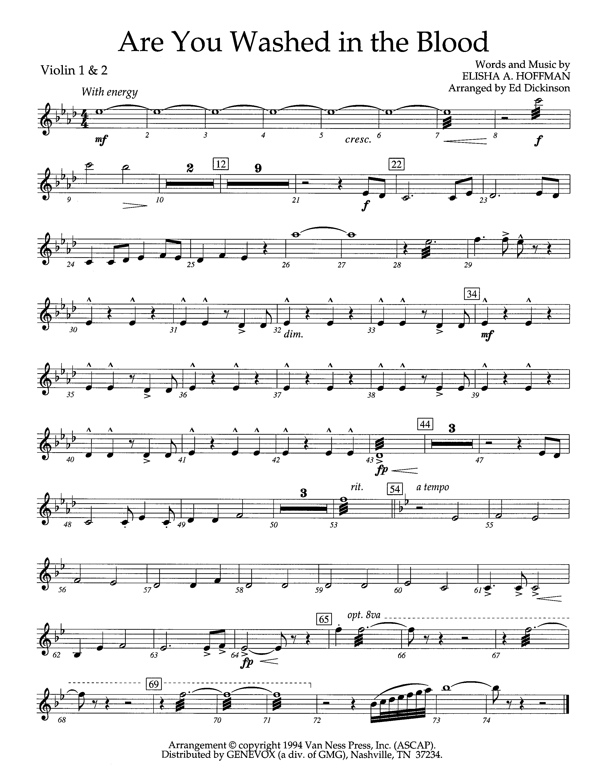 Are You Washed In The Blood (Instrumental) Violin 1/2 (Lifeway Worship / Arr. Ed Dickinson)