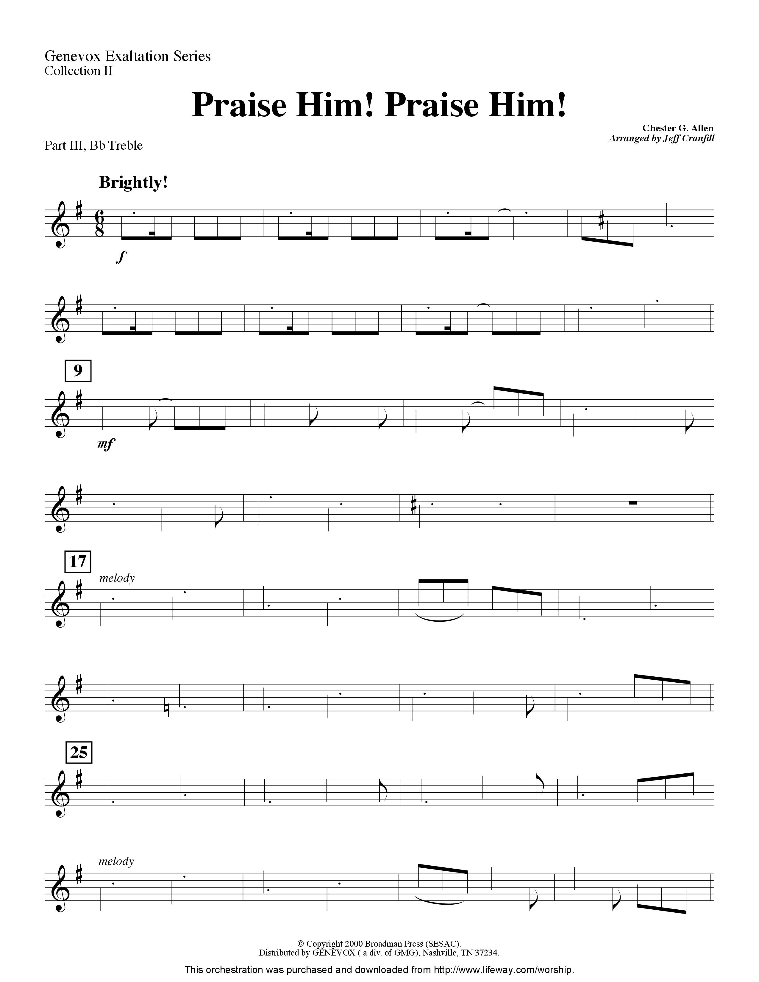 Praise Him Praise Him (Instrumental) Part 3: Bb, F Treble; Bass, Viola (Lifeway Worship / Arr. Jeff Cranfill)