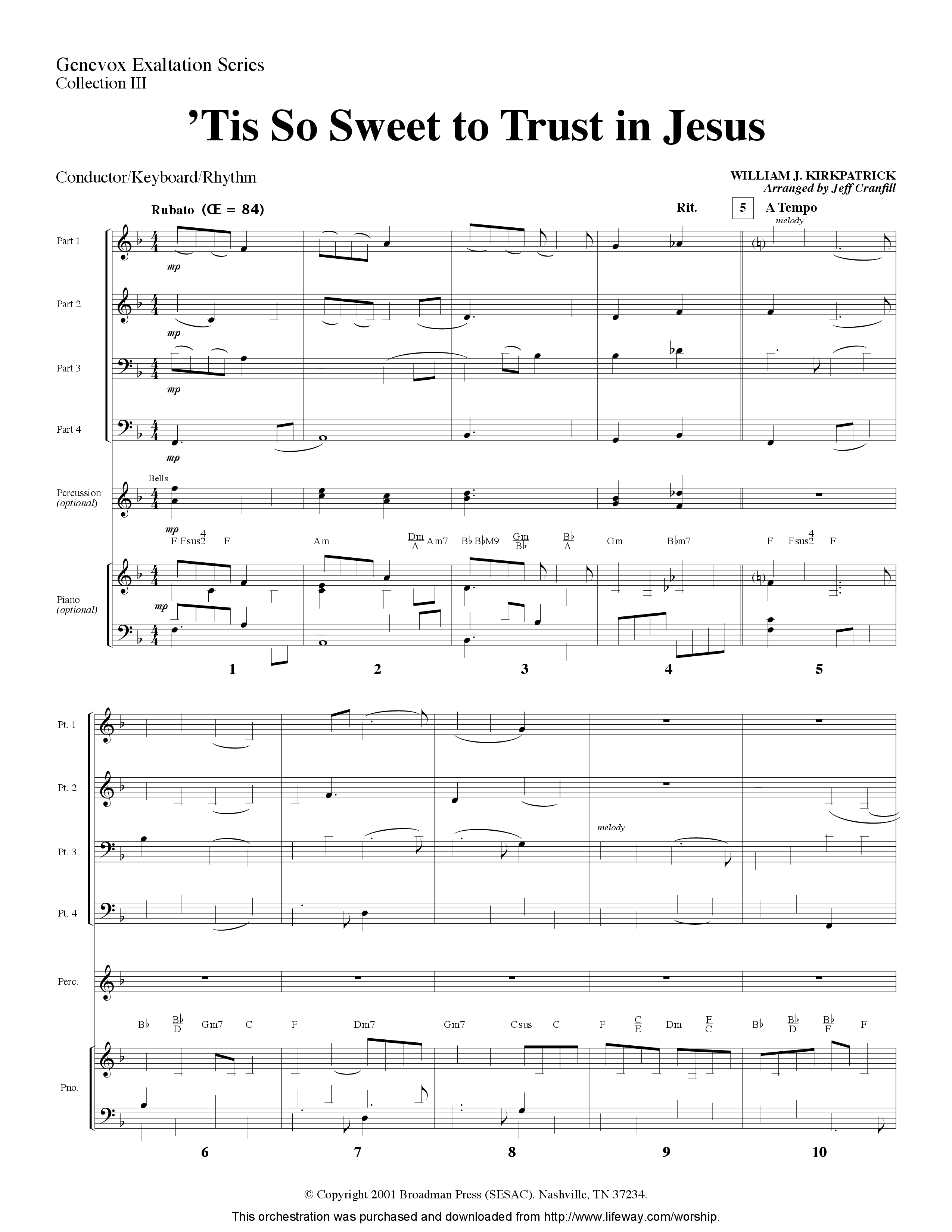 Tis So Sweet To Trust In Jesus (Instrumental) Orchestration (Lifeway Worship / Arr. Jeff Cranfill)