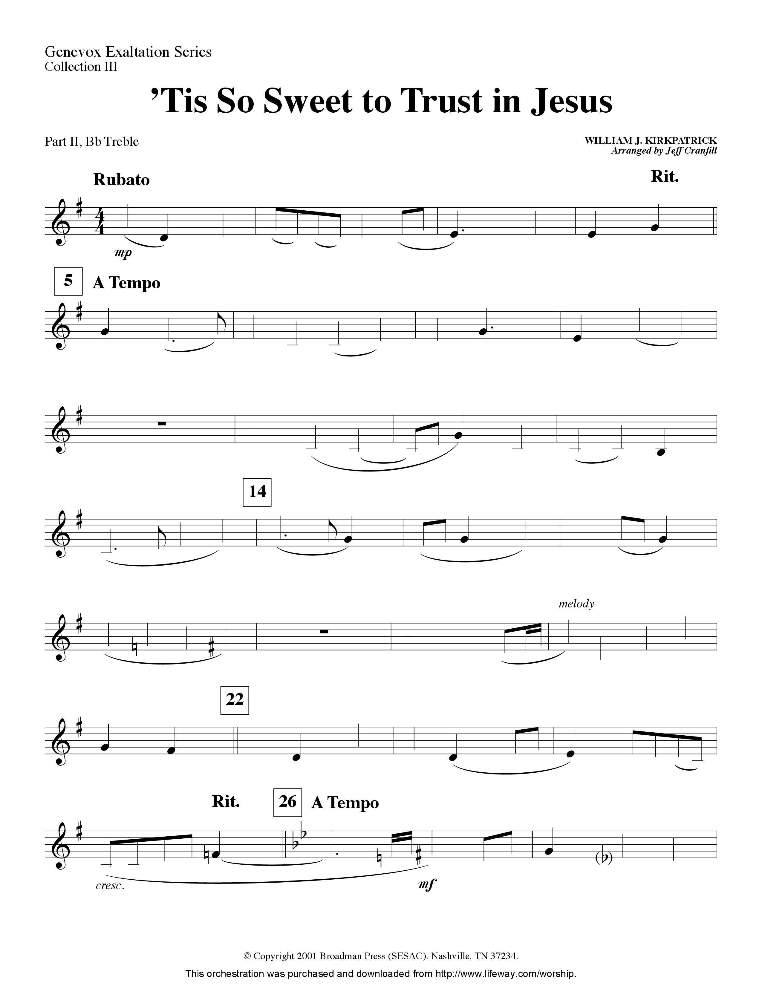 Tis So Sweet To Trust In Jesus (Instrumental) Part 2: Bb, C, Eb, F Treble (Lifeway Worship / Arr. Jeff Cranfill)