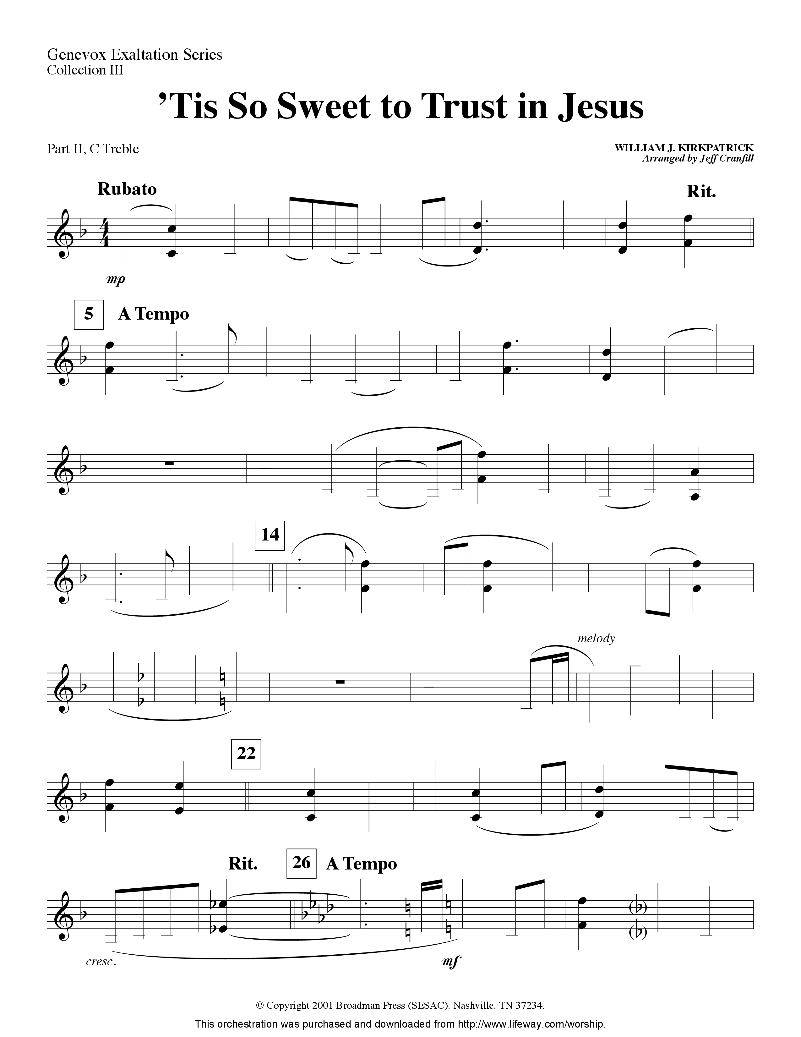 Tis So Sweet To Trust In Jesus (Instrumental) Part 2: Bb, C, Eb, F Treble (Lifeway Worship / Arr. Jeff Cranfill)