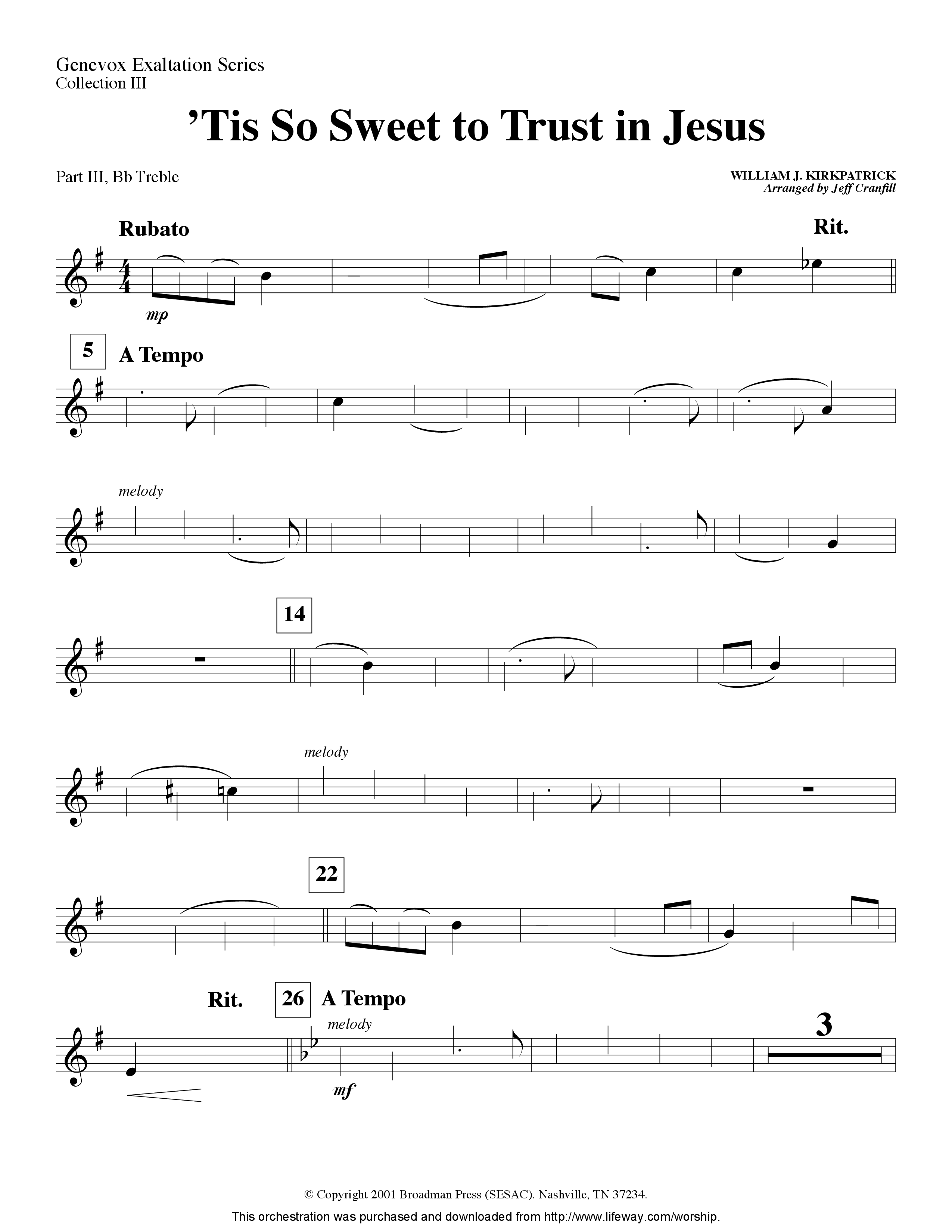 Tis So Sweet To Trust In Jesus (Instrumental) Part 3: Bb, F Treble; Bass, Viola (Lifeway Worship / Arr. Jeff Cranfill)