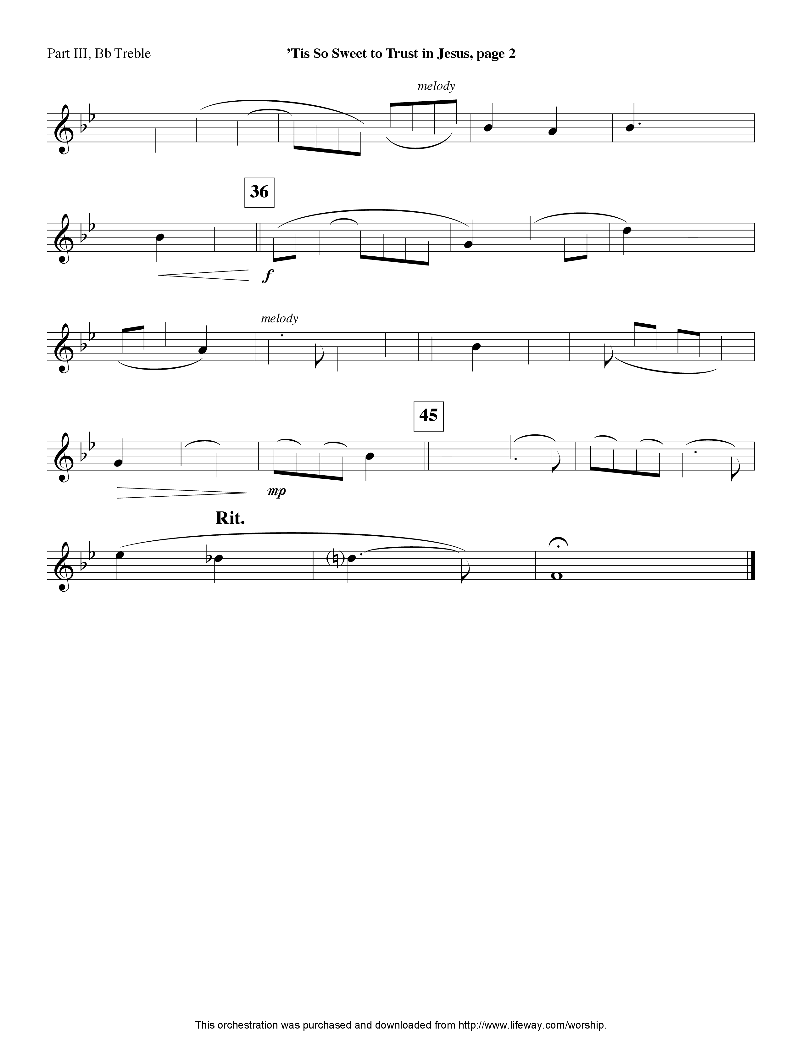 Tis So Sweet To Trust In Jesus (Instrumental) Part 3: Bb, F Treble; Bass, Viola (Lifeway Worship / Arr. Jeff Cranfill)