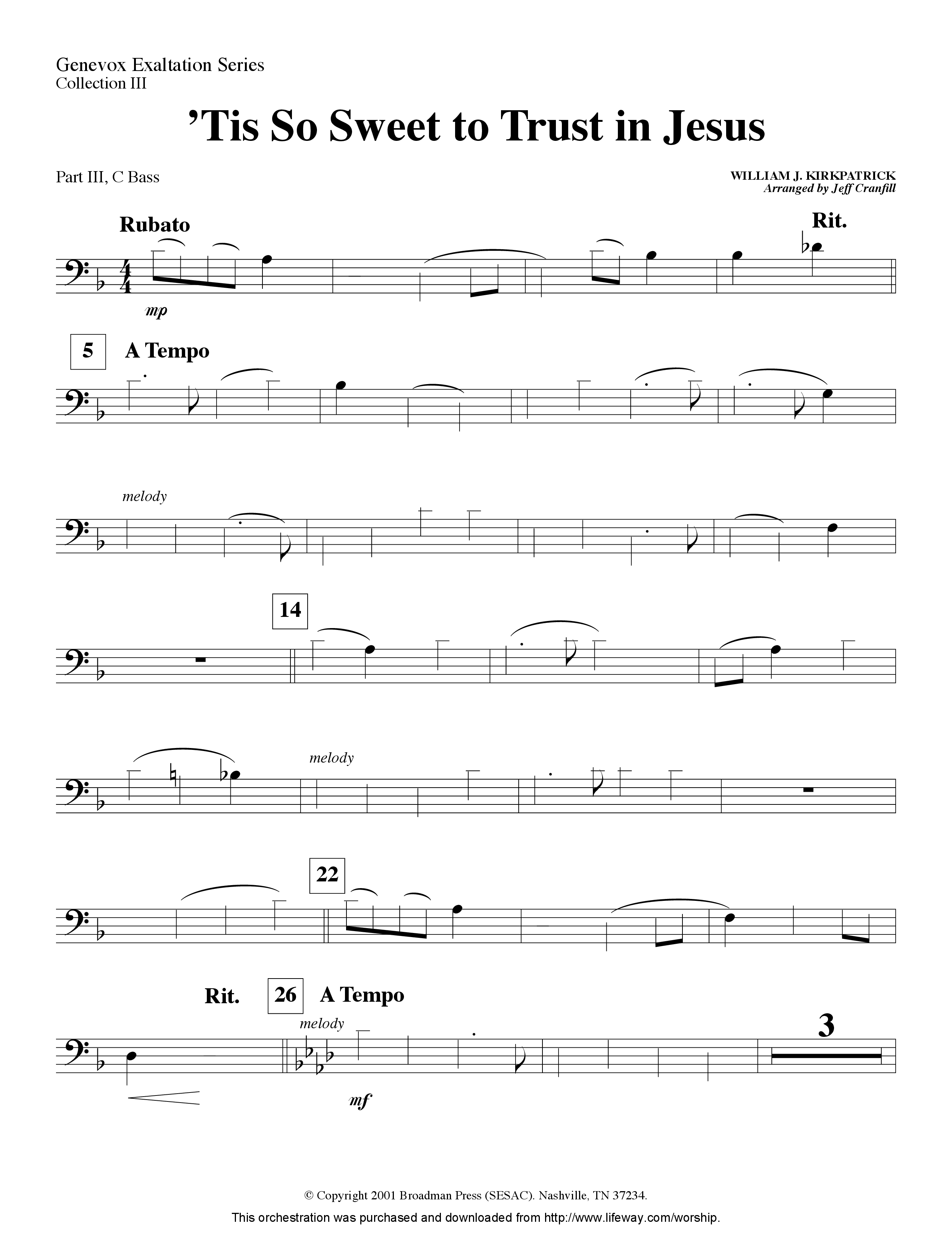 Tis So Sweet To Trust In Jesus (Instrumental) Part 3: Bb, F Treble; Bass, Viola (Lifeway Worship / Arr. Jeff Cranfill)