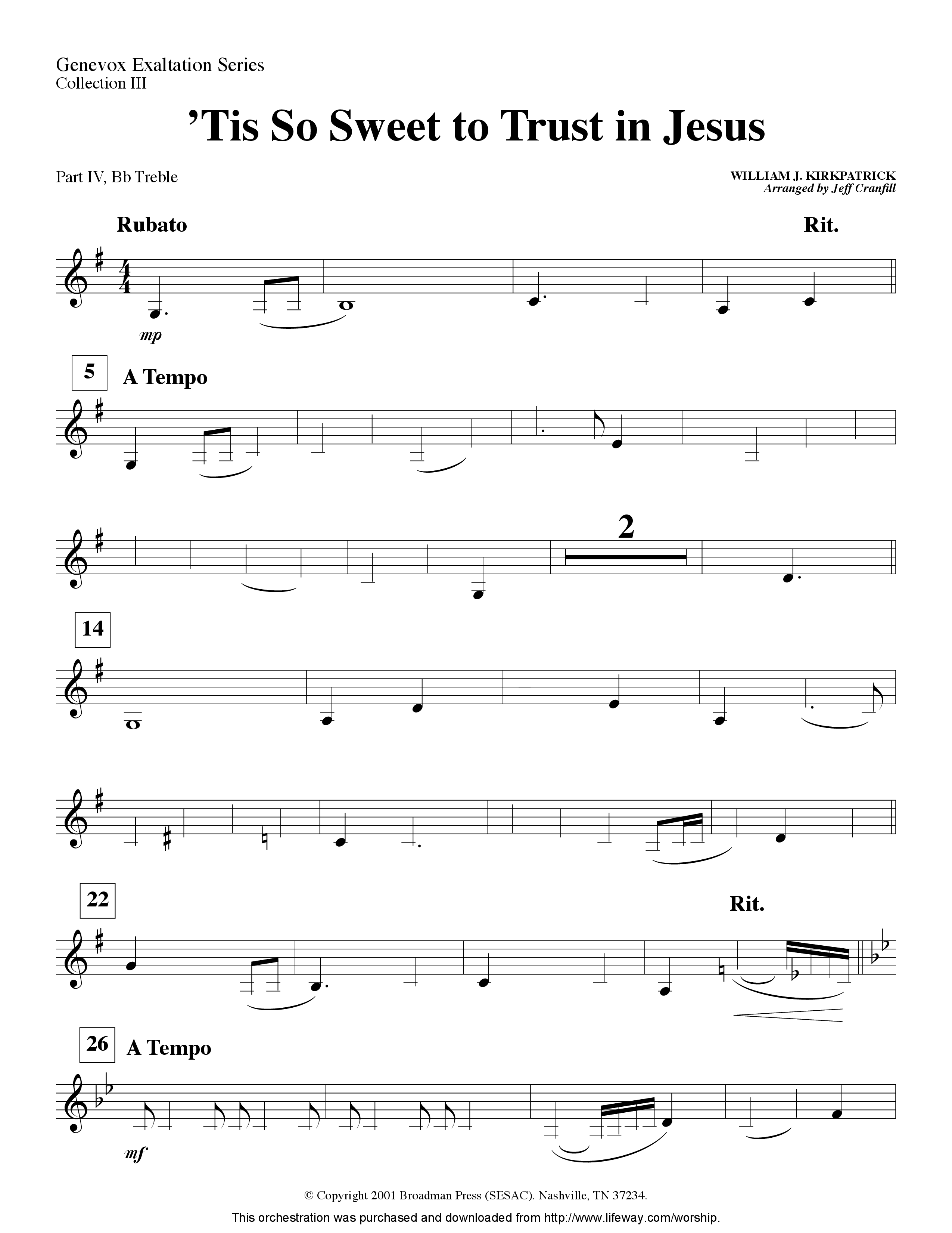 Tis So Sweet To Trust In Jesus (Instrumental) Part 4: Bb, Eb Treble, C Bass (Lifeway Worship / Arr. Jeff Cranfill)