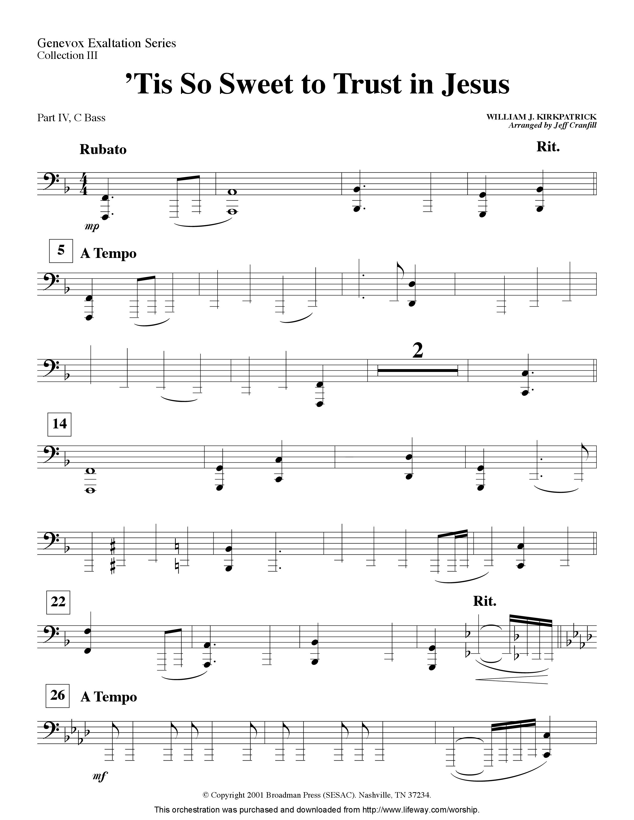 Tis So Sweet To Trust In Jesus (Instrumental) Part 4: Bb, Eb Treble, C Bass (Lifeway Worship / Arr. Jeff Cranfill)