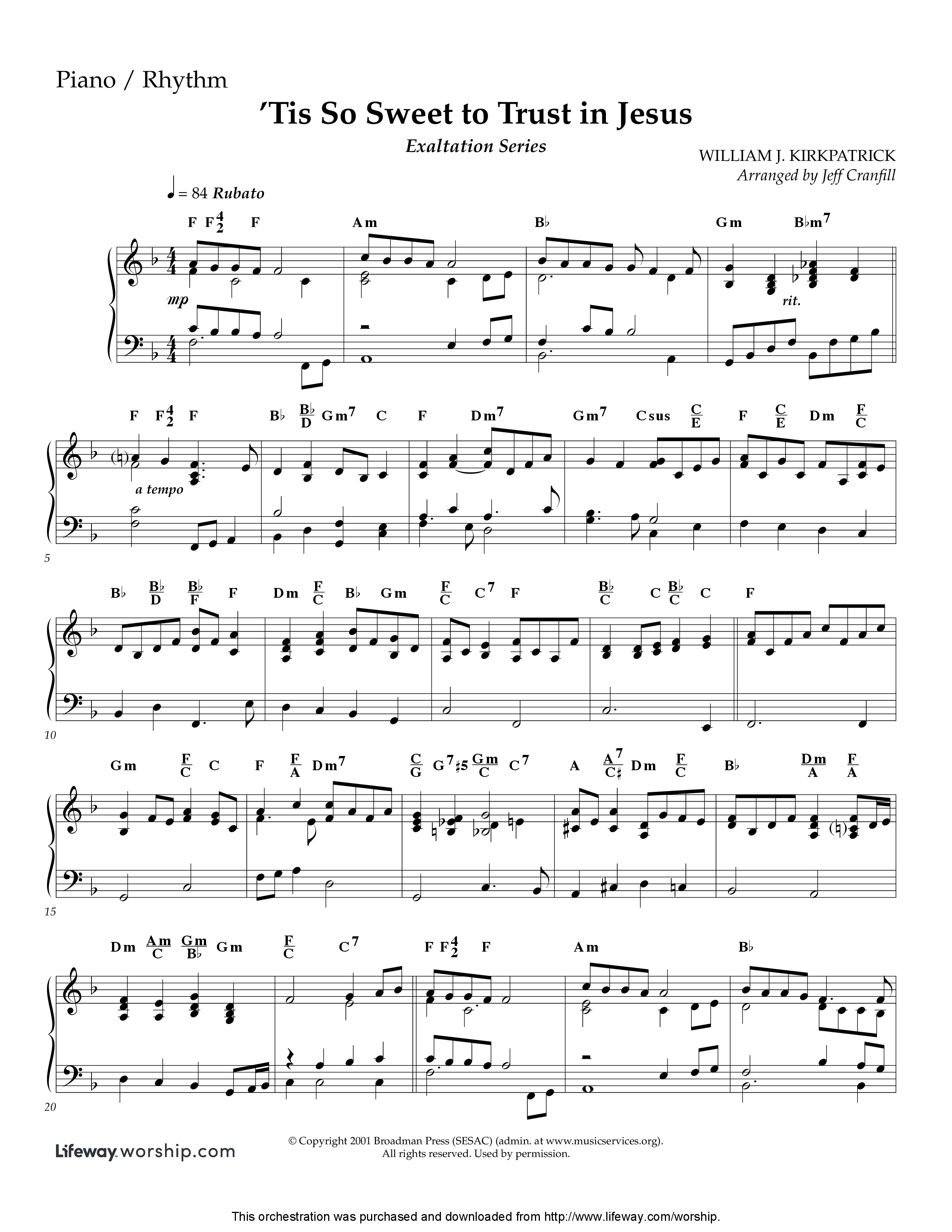 Tis So Sweet To Trust In Jesus (Instrumental) Piano Sheet (Lifeway Worship / Arr. Jeff Cranfill)