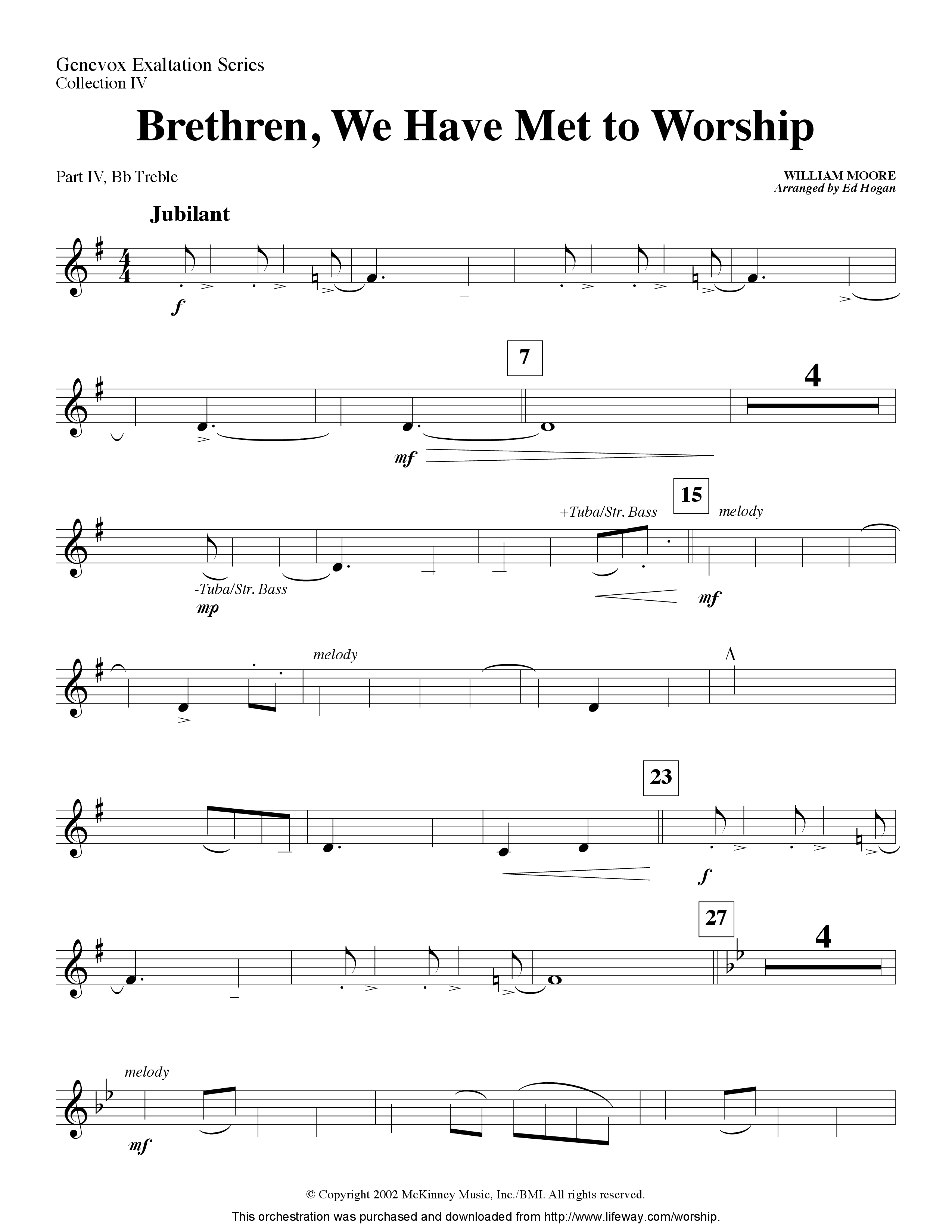 Brethren We Have Met To Worship (Instrumental) Part 4: Bb, Eb Treble, C Bass (Lifeway Worship / Arr. Ed Hogan)