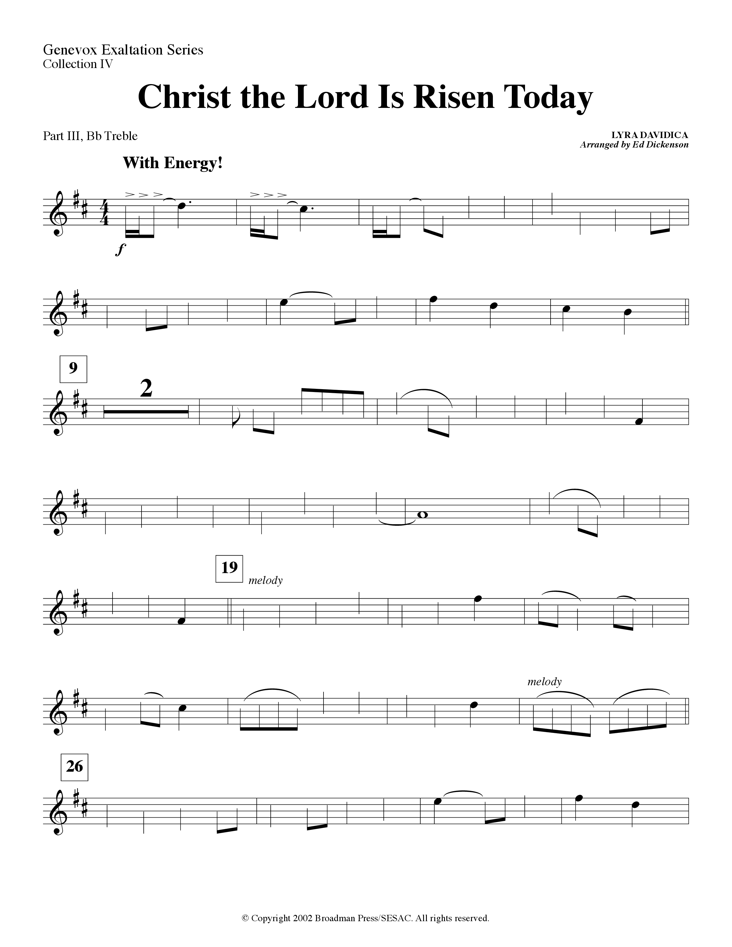 Christ The Lord Is Risen Today (Instrumental) Part 3: Bb, F Treble; Bass, Viola (Lifeway Worship / Arr. Ed Dickinson)