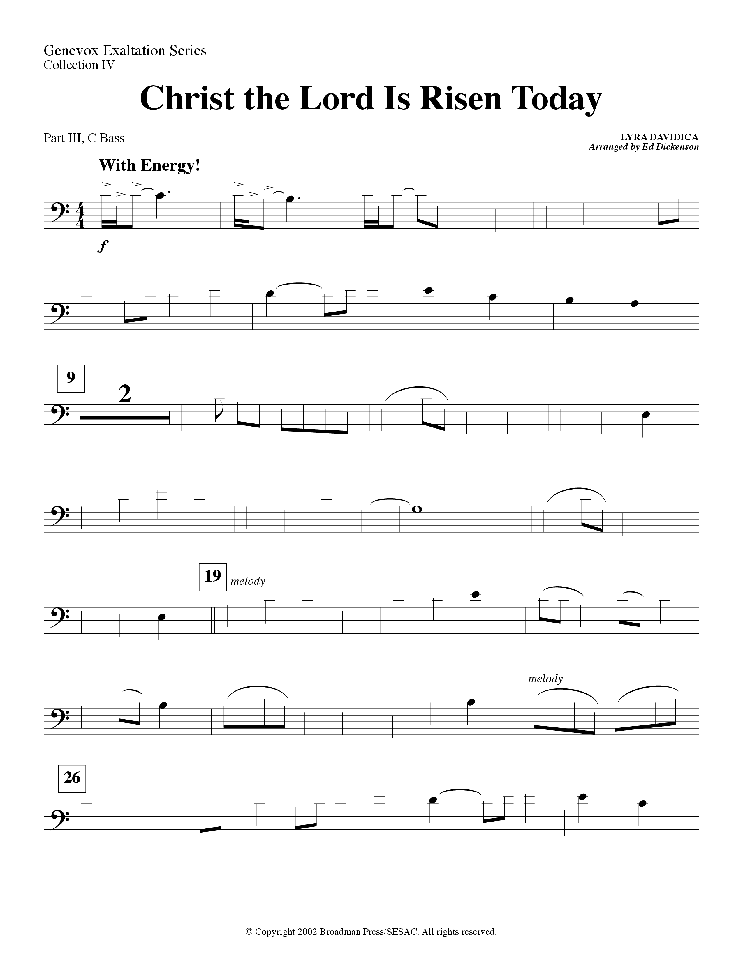 Christ The Lord Is Risen Today (Instrumental) Part 3: Bb, F Treble; Bass, Viola (Lifeway Worship / Arr. Ed Dickinson)