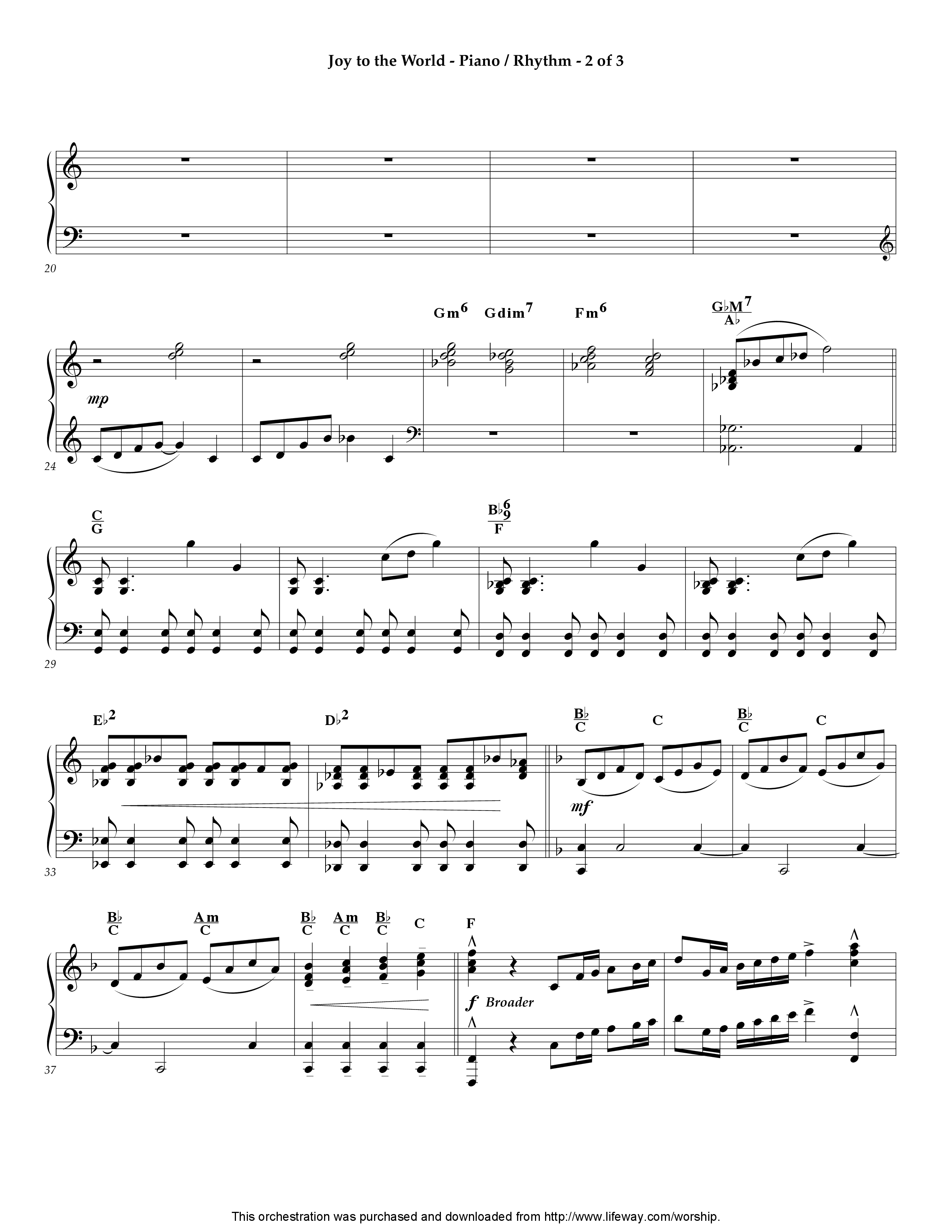 Joy To The World (Instrumental) Piano Sheet (Lifeway Worship / Arr. Steve Dunn)