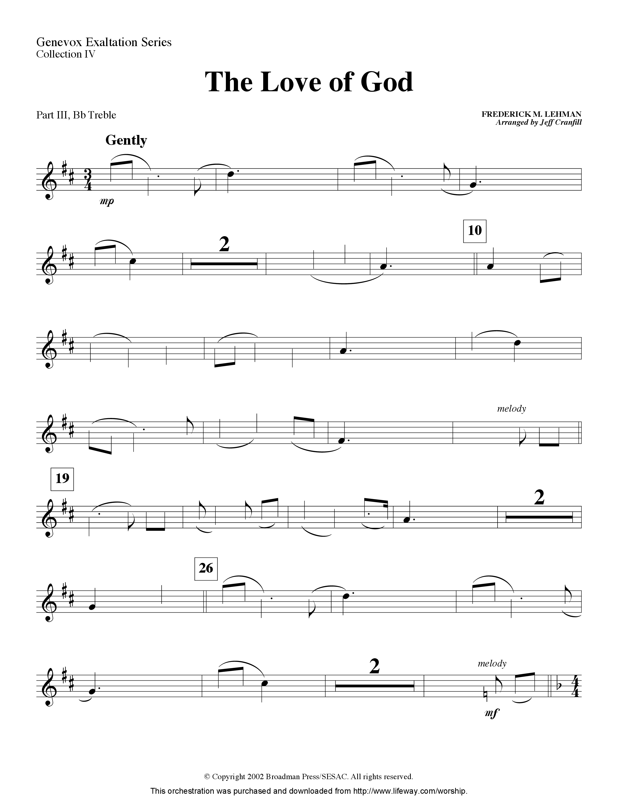 The Love Of God (Instrumental) Part 3: Bb, F Treble; Bass, Viola (Lifeway Worship / Arr. Jeff Cranfill)