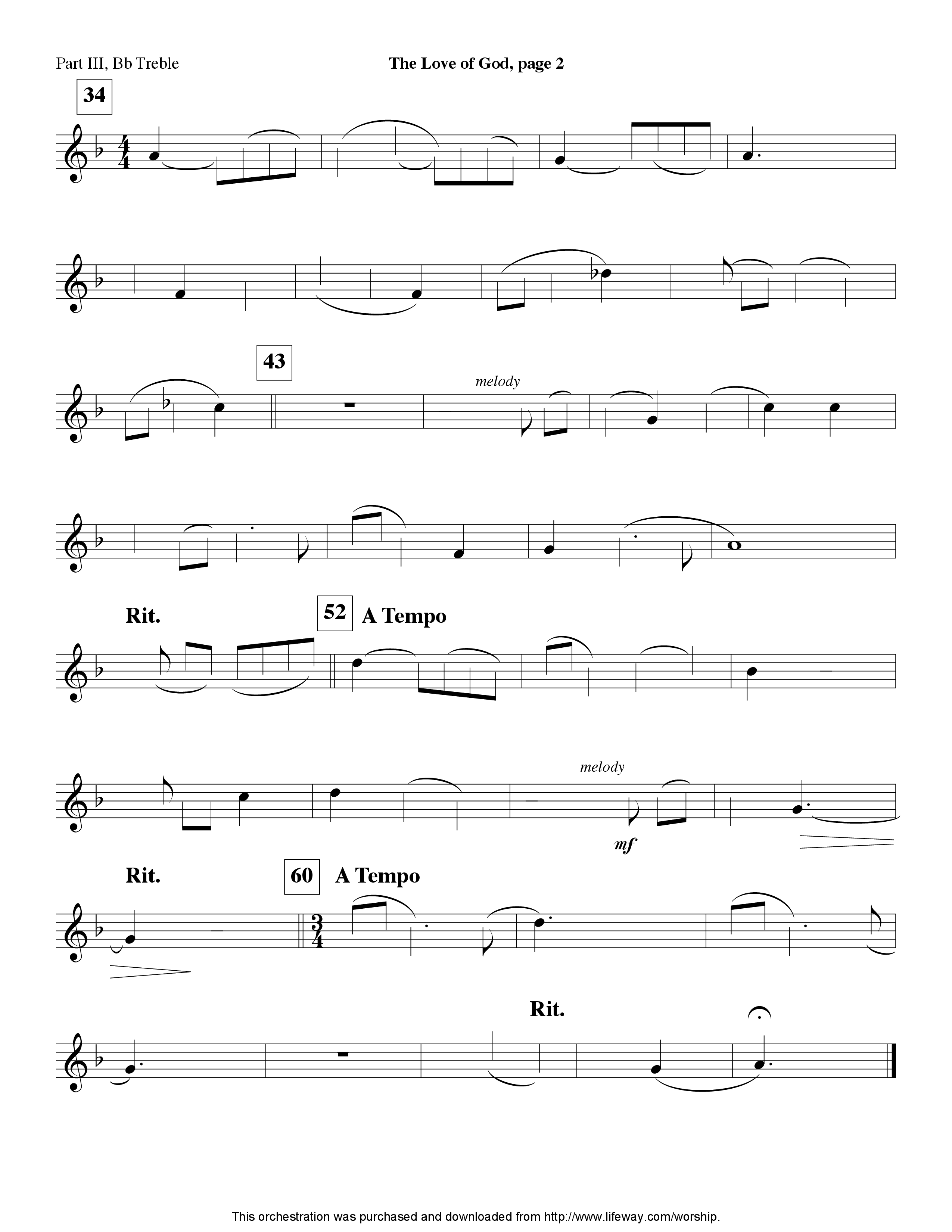 The Love Of God (Instrumental) Part 3: Bb, F Treble; Bass, Viola (Lifeway Worship / Arr. Jeff Cranfill)