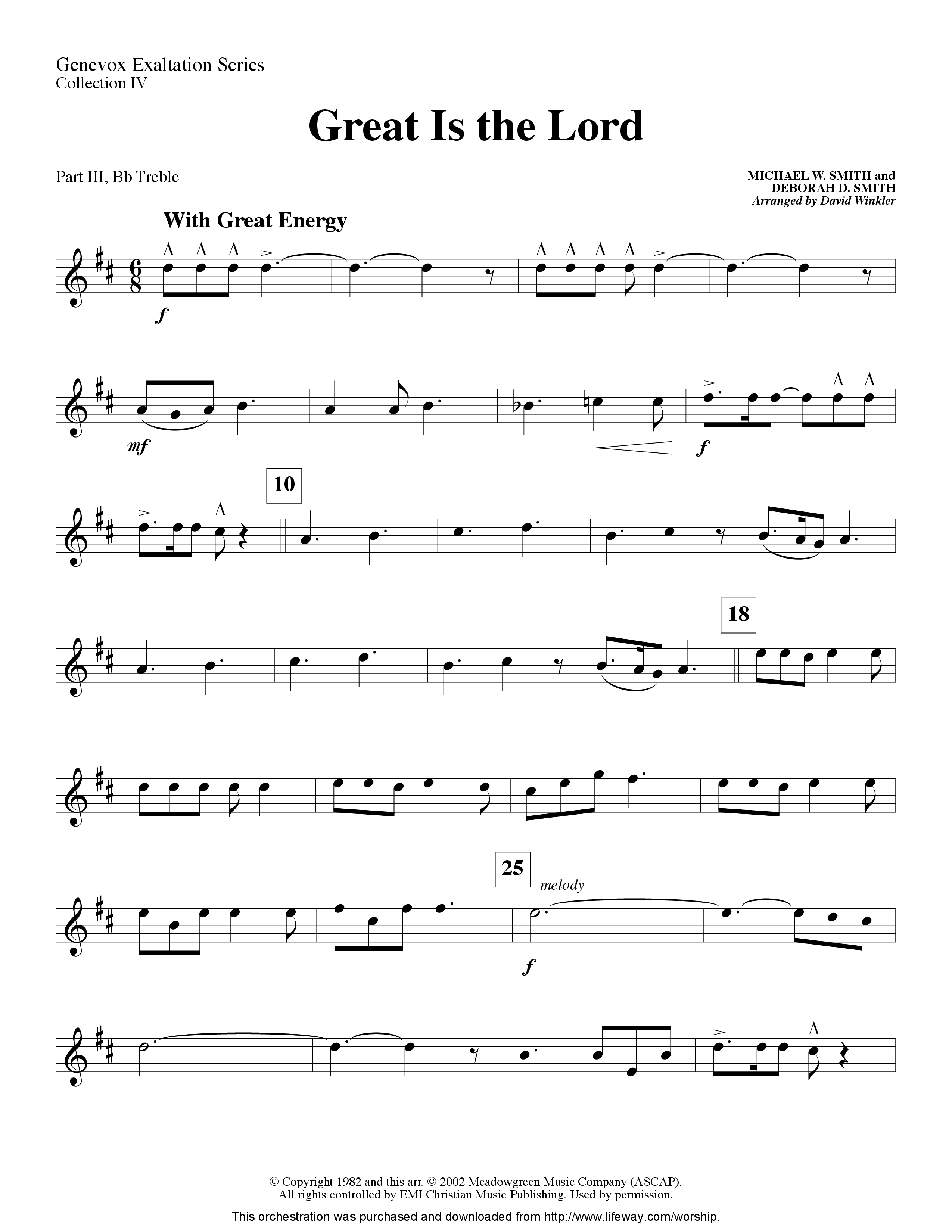 Great Is the Lord (Instrumental) Part 3: Bb, F Treble; Bass, Viola (Lifeway Worship / Arr. David Winkler)