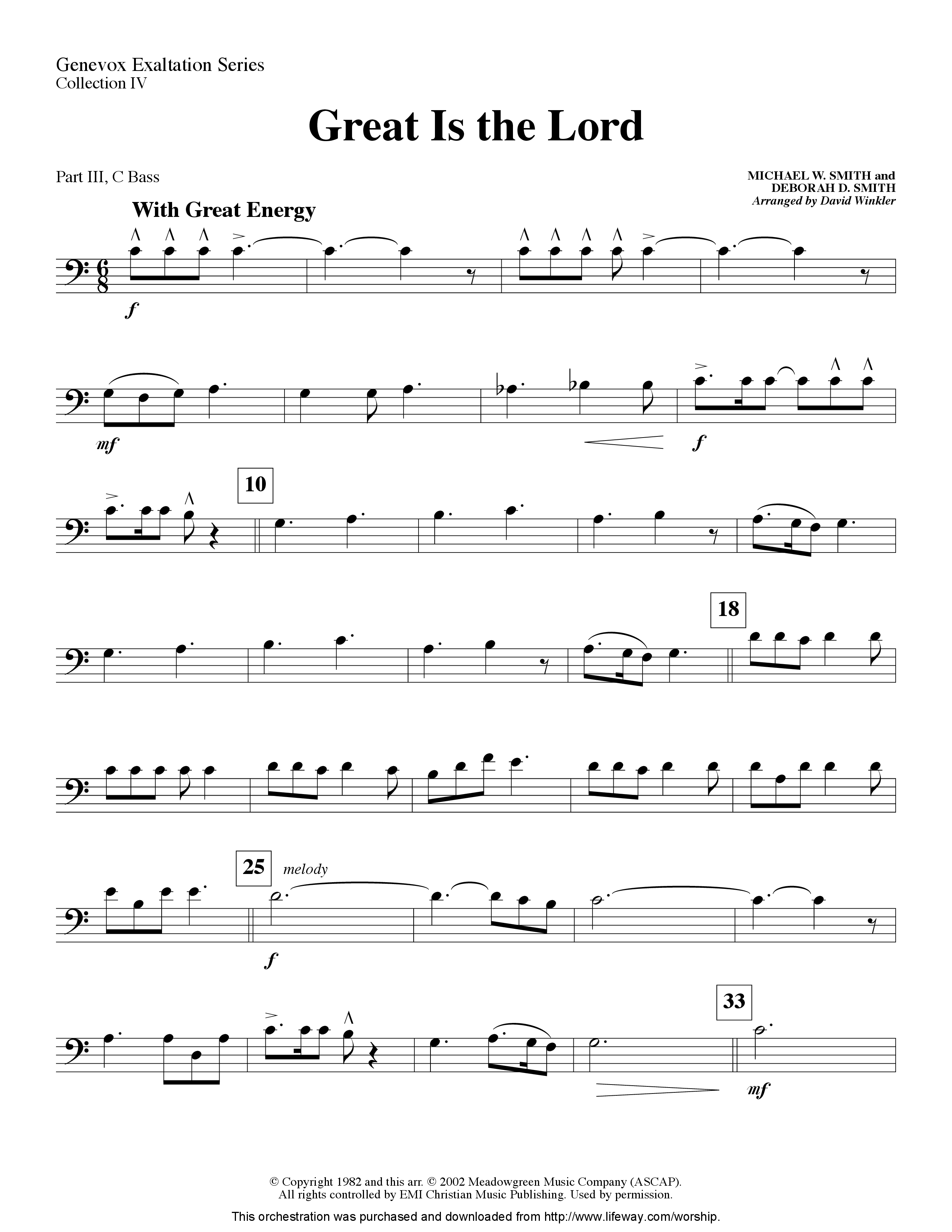 Great Is the Lord (Instrumental) Part 3: Bb, F Treble; Bass, Viola (Lifeway Worship / Arr. David Winkler)