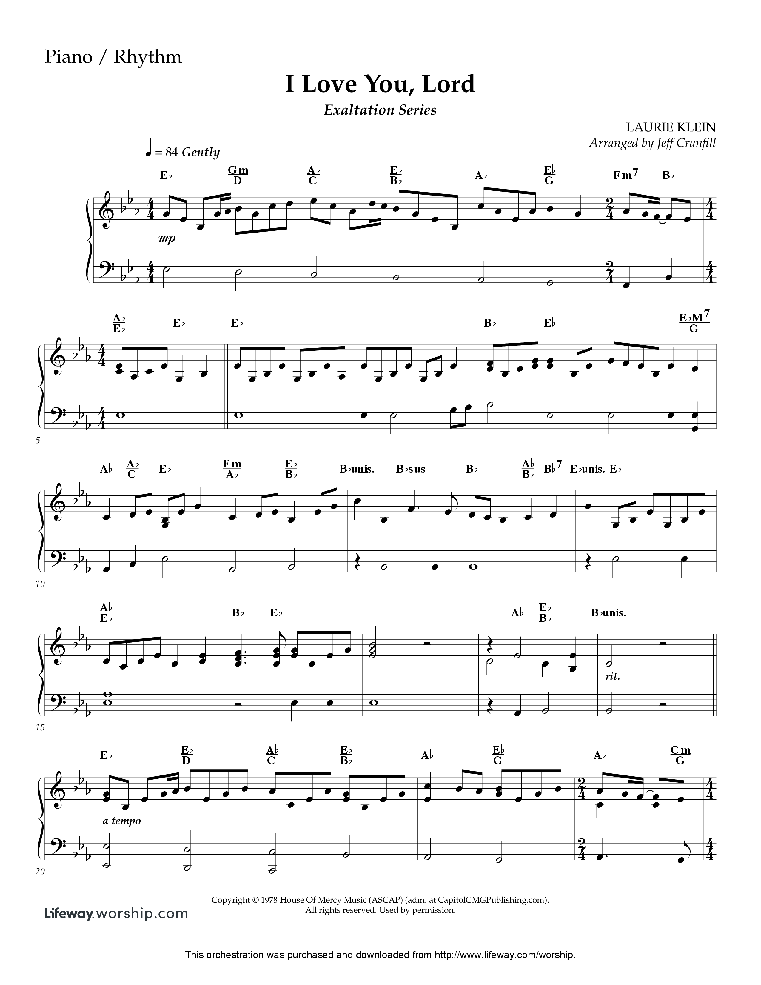 I Love You Lord (Instrumental) Piano Sheet (Lifeway Worship / Arr. Jeff Cranfill)