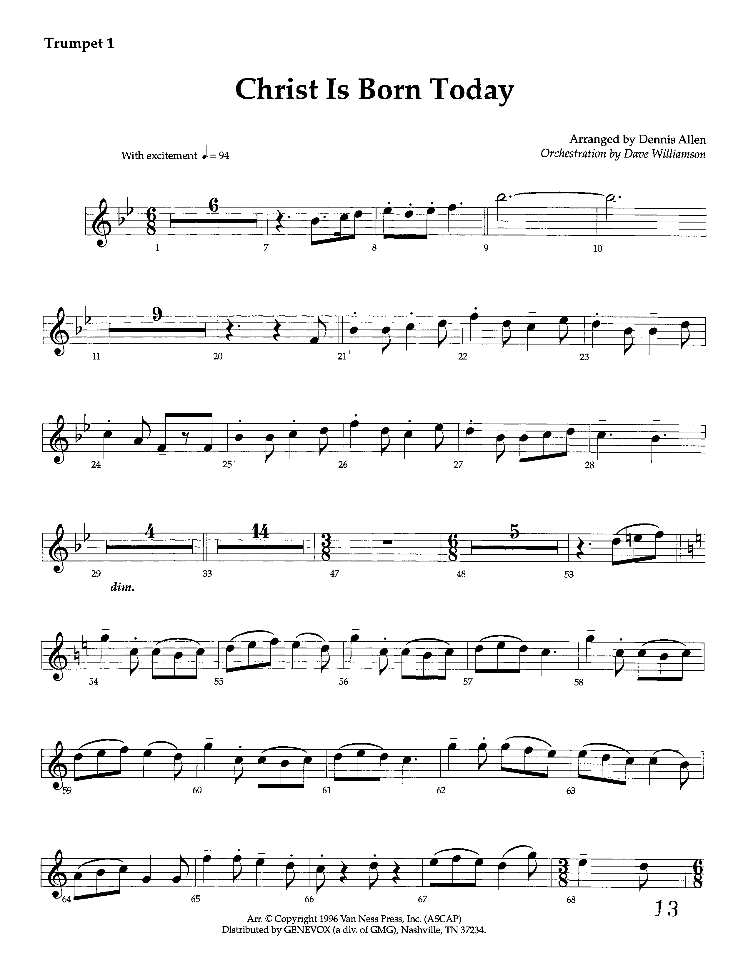 Christ Is Born Today (Instrumental) Trumpet 1 (Lifeway Worship / Arr. Dennis Allen / Orch. Dave Williamson)