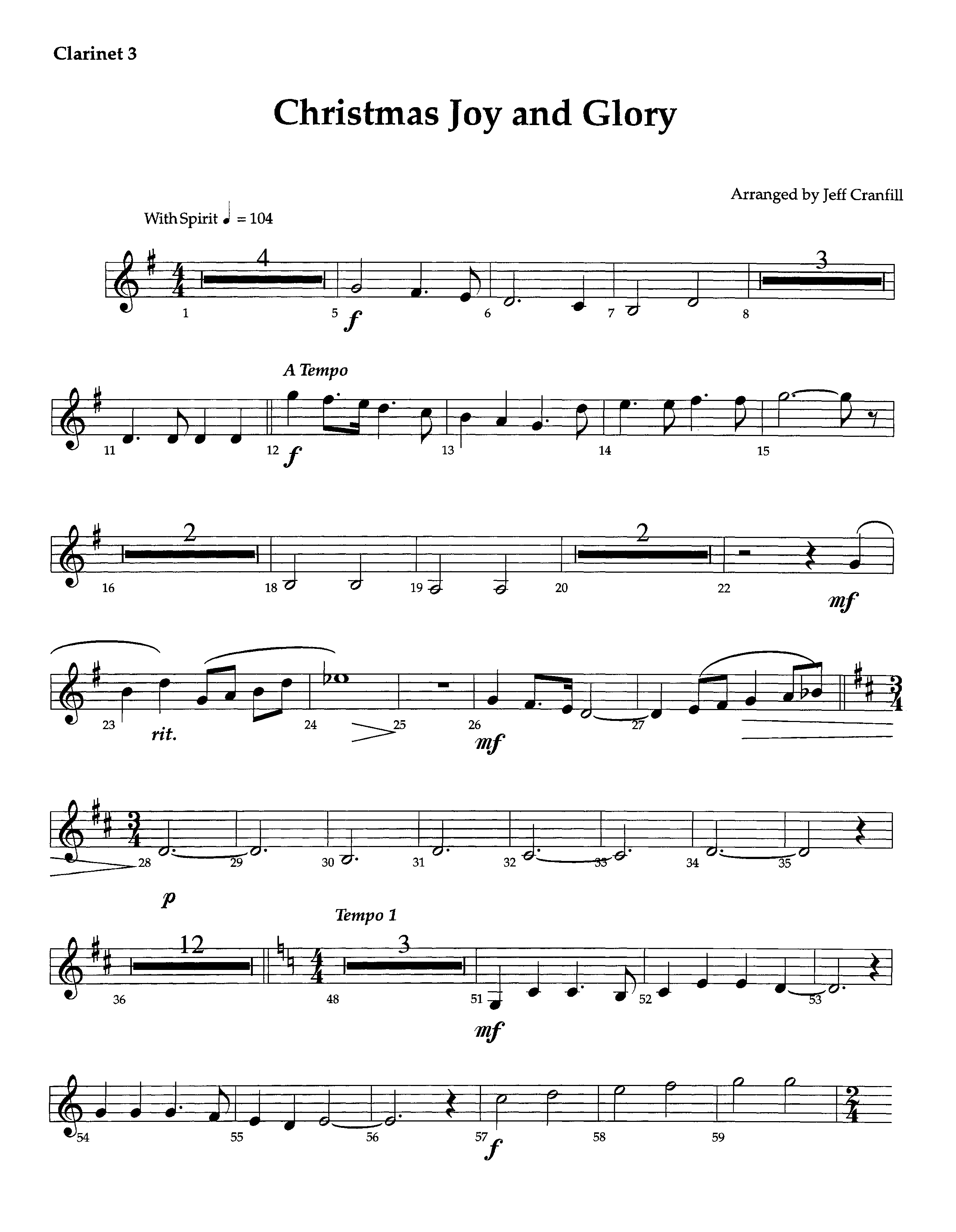 Christmas Joy And Glory (Instrumental) Clarinet 3 (Lifeway Worship / Arr. Jeff Cranfill)