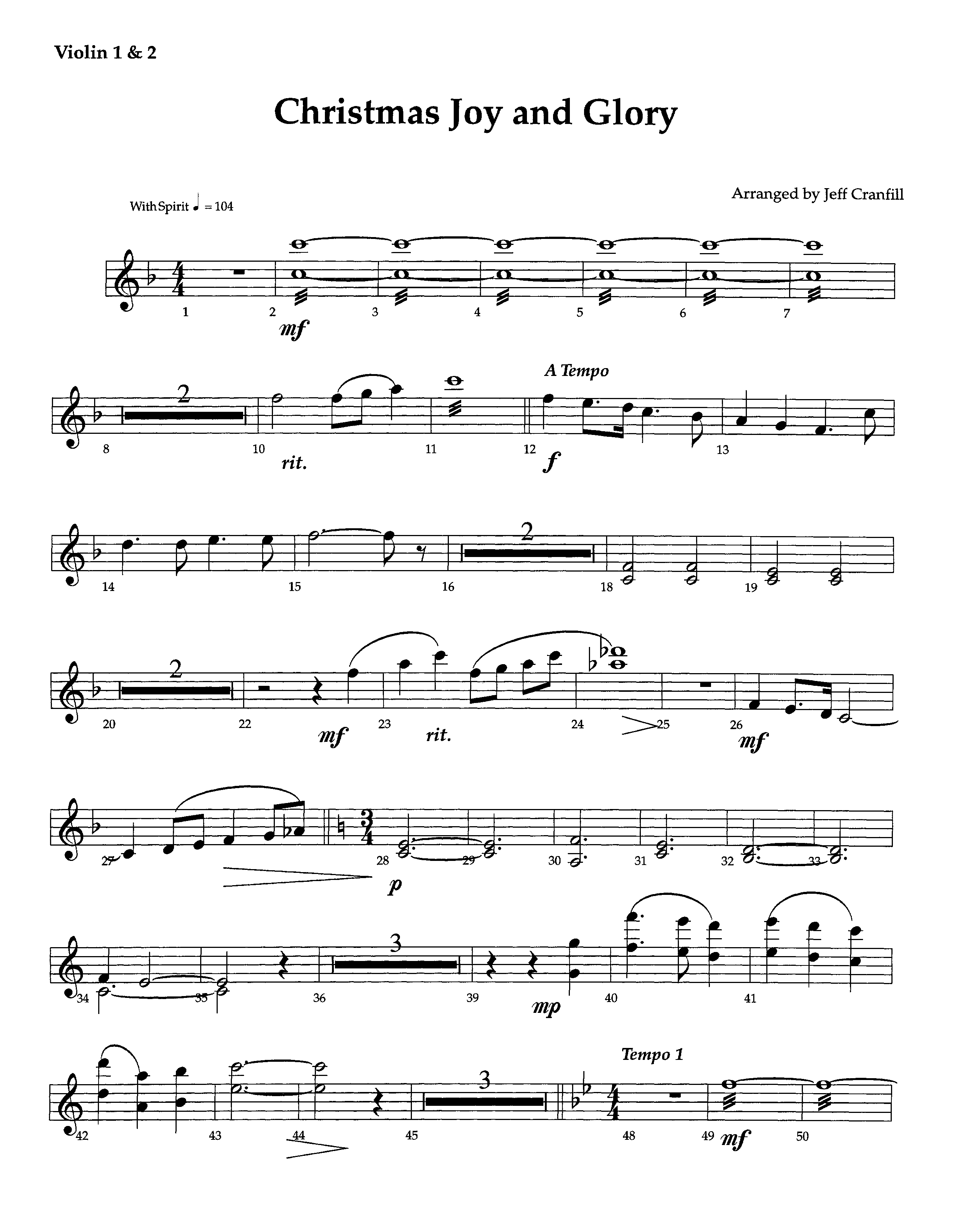 Christmas Joy And Glory (Instrumental) Violin 1/2 (Lifeway Worship / Arr. Jeff Cranfill)