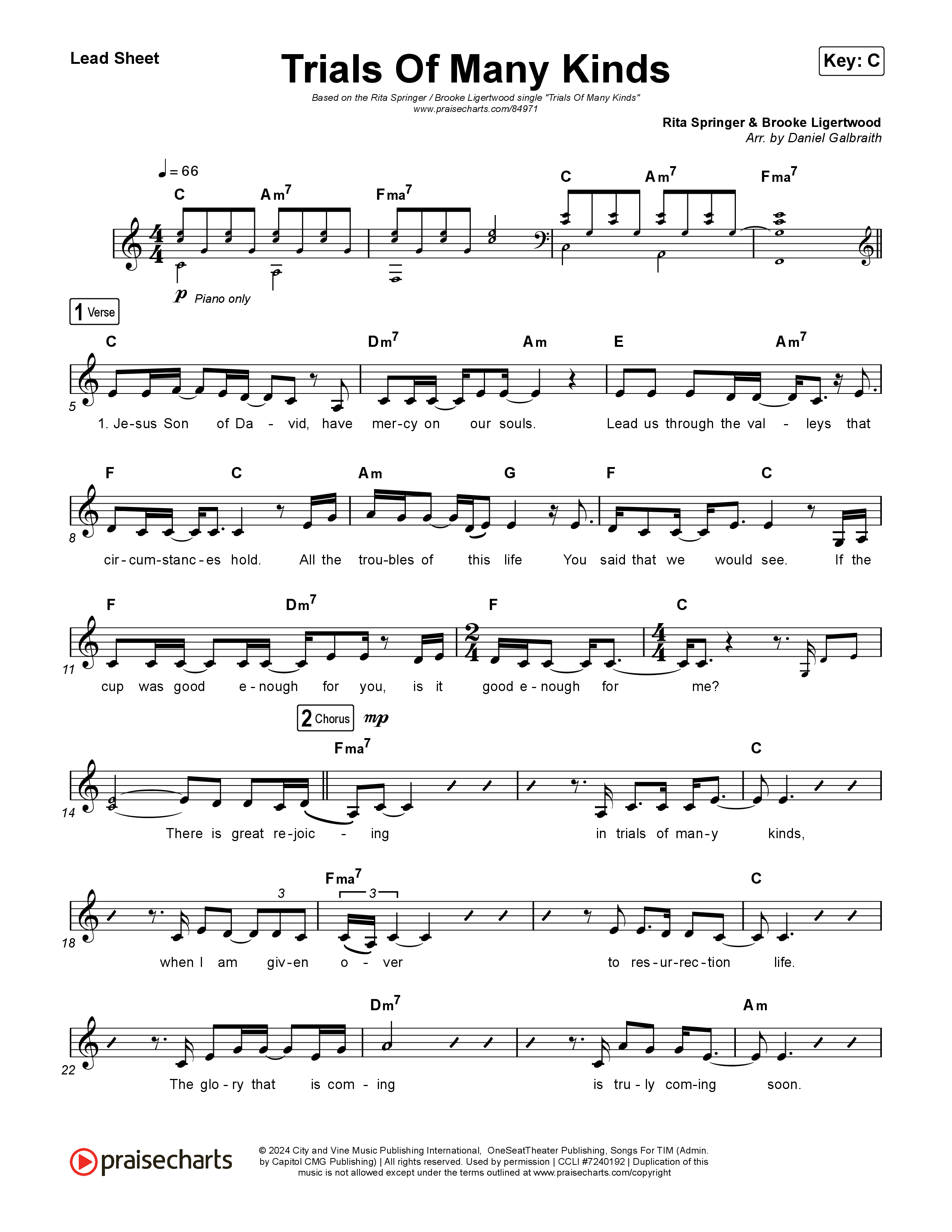 Trials Of Many Kinds Lead Sheet (SAT) (Rita Springer / Brooke Ligertwood)