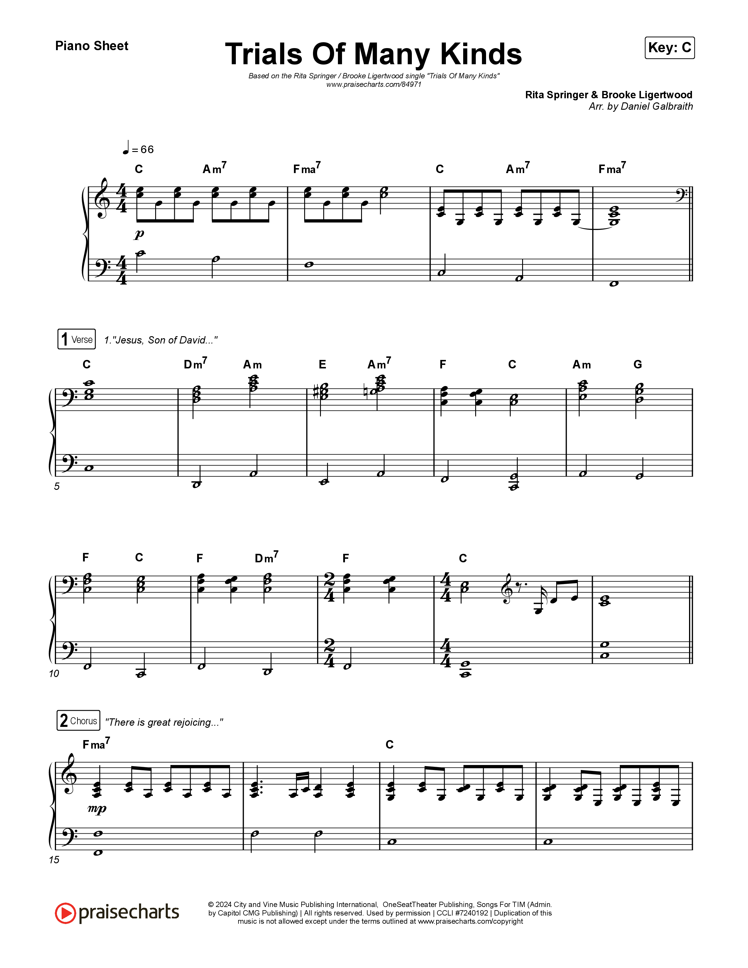 Trials Of Many Kinds Piano Sheet (Rita Springer / Brooke Ligertwood)