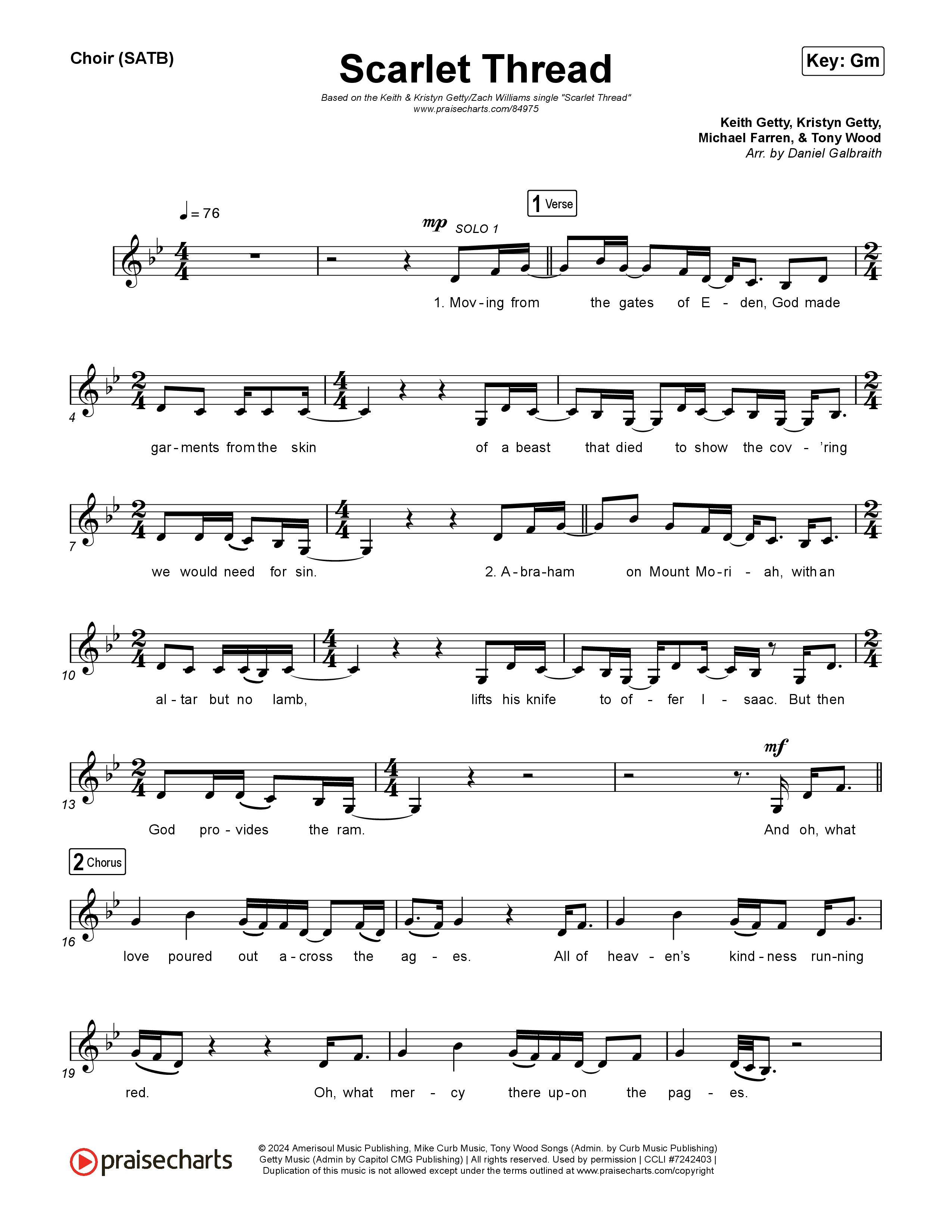 Scarlet Thread Vocal Sheet (SATB) (Keith & Kristyn Getty / Zach Williams)