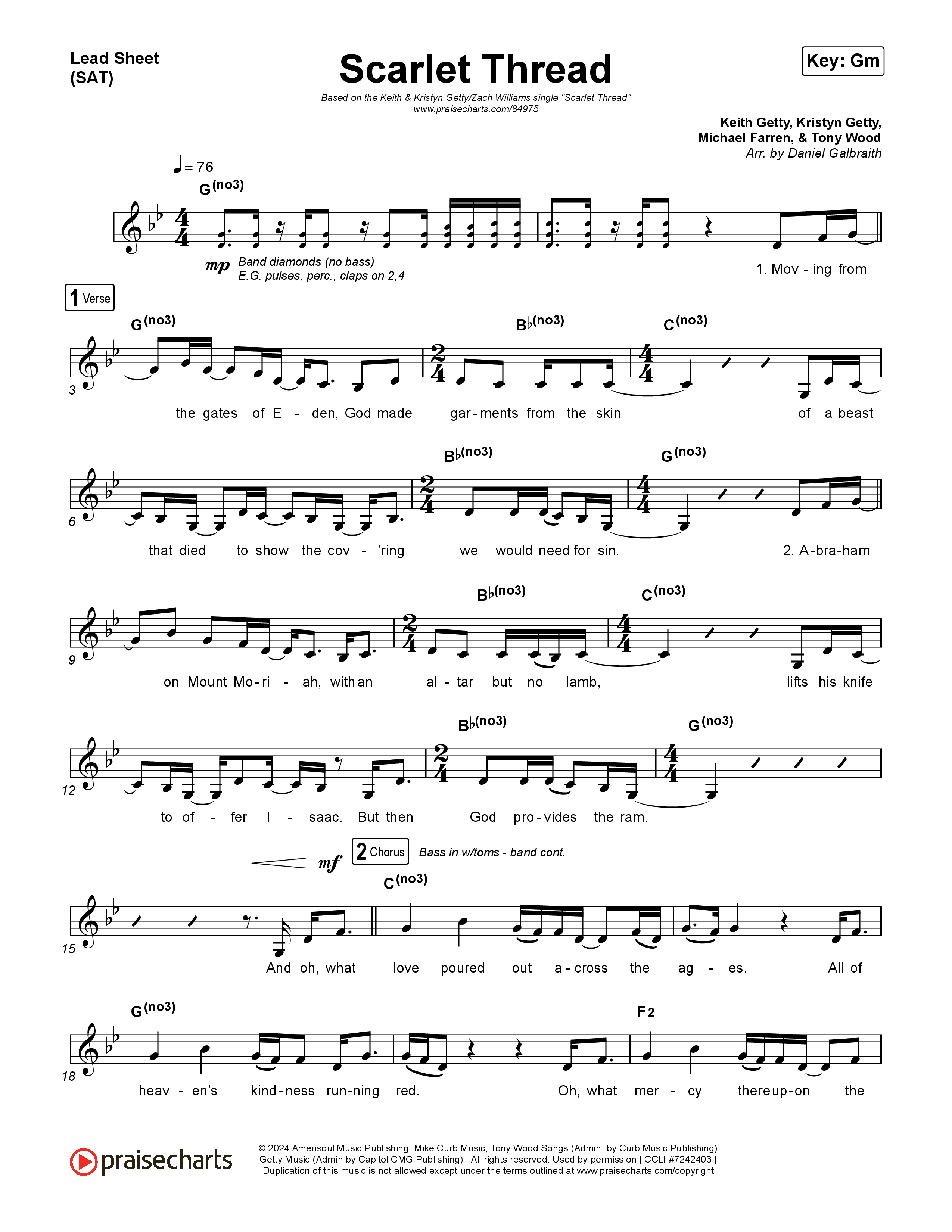 Scarlet Thread Lead Sheet (SAT) (Keith & Kristyn Getty / Zach Williams)