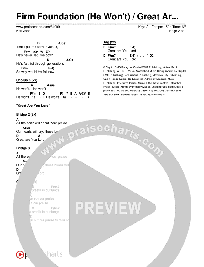 Firm Foundation (He Won't) / Great Are You Lord Chords & Lyrics (Kari Jobe)