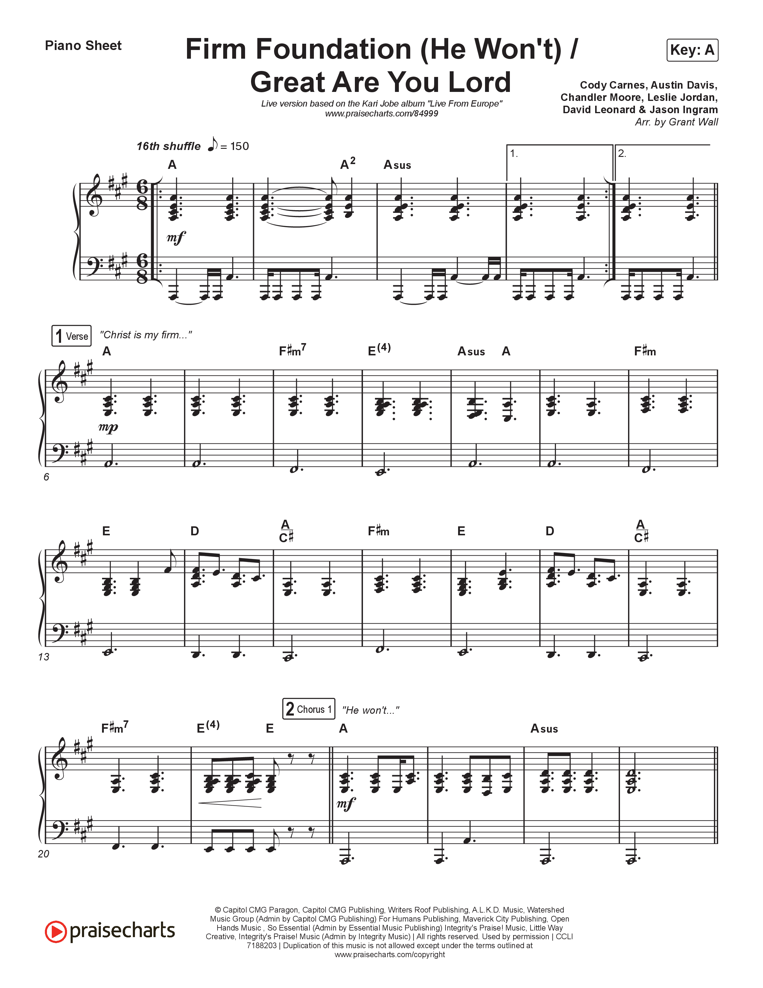 Firm Foundation (He Won't) / Great Are You Lord Piano Sheet (Kari Jobe)