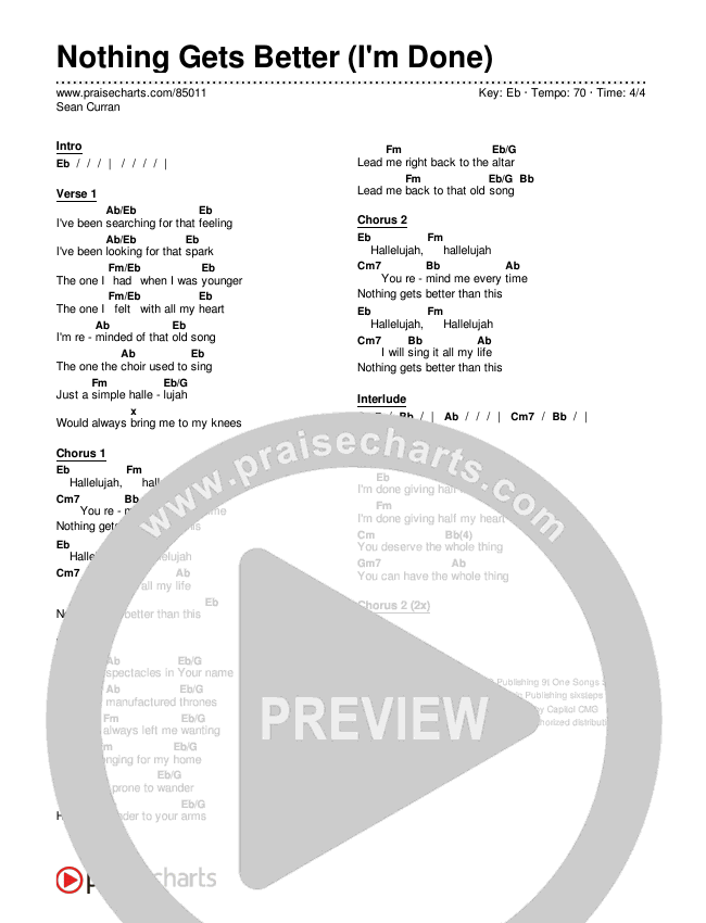 Nothing Gets Better (I'm Done) Chords & Lyrics (Sean Curran)