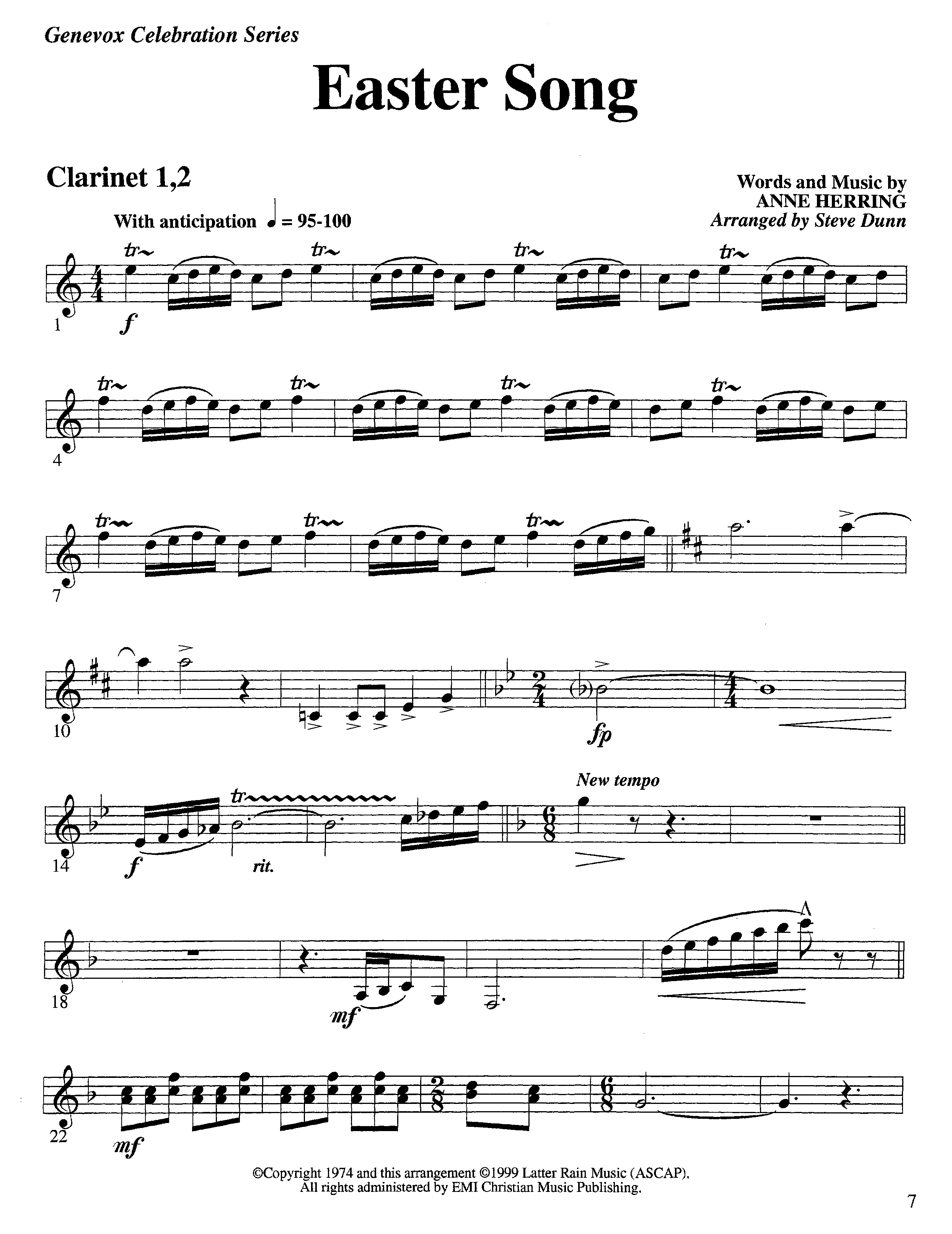 Easter Song (Instrumental) Clarinet 1/2 (Lifeway Worship / Arr. Steve Dunn)