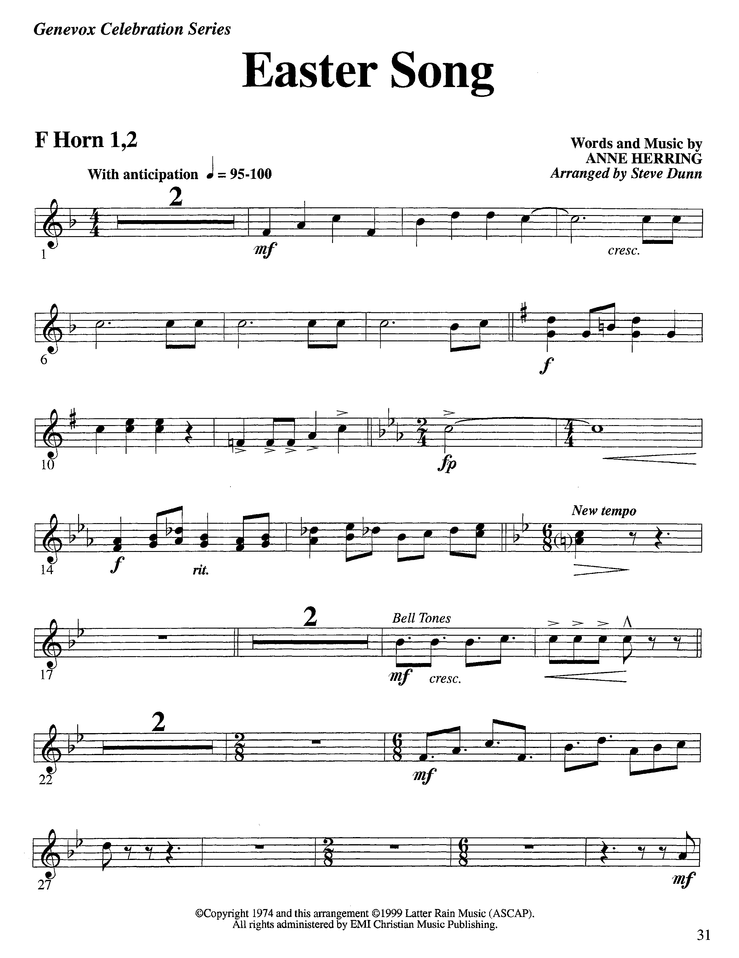 Easter Song (Instrumental) French Horn 1/2 (Lifeway Worship / Arr. Steve Dunn)