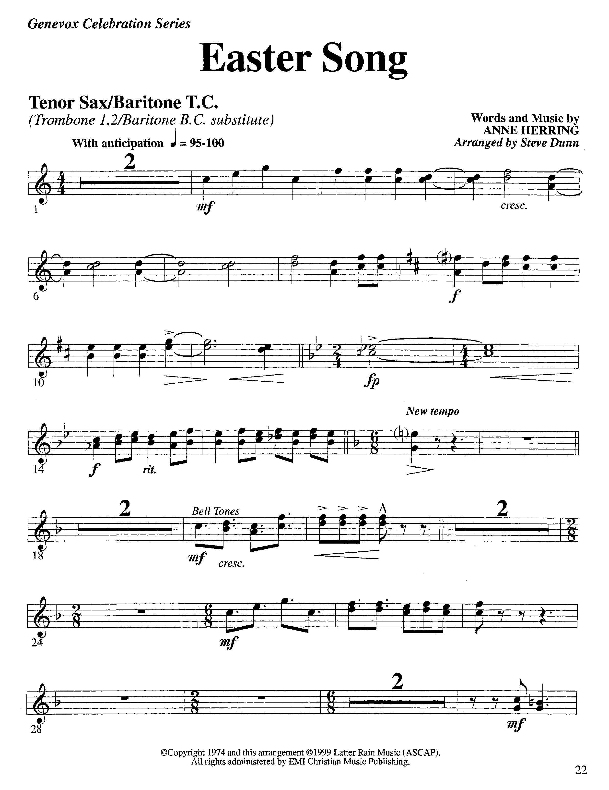 Easter Song (Instrumental) Tenor Sax/Baritone T.C. (Lifeway Worship / Arr. Steve Dunn)