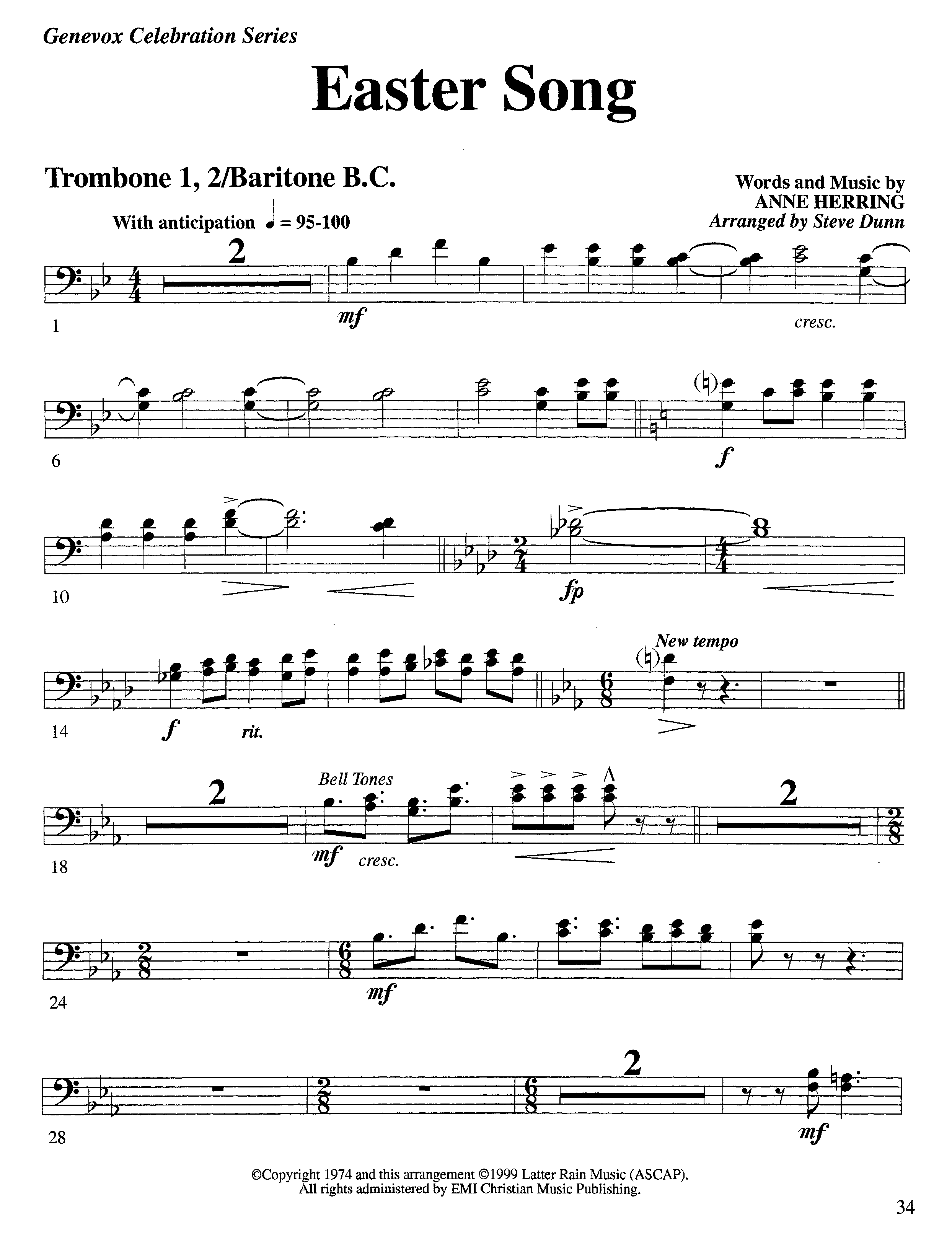 Easter Song (Instrumental) Trombone 1/2 (Lifeway Worship / Arr. Steve Dunn)