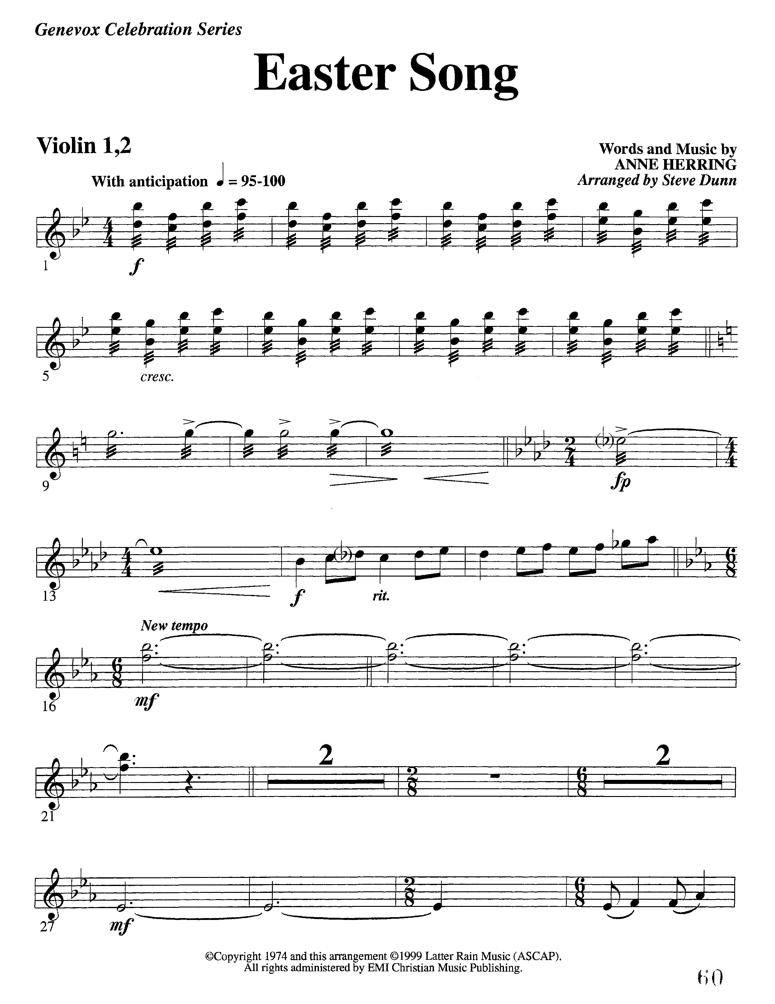 Easter Song (Instrumental) Violin 1/2 (Lifeway Worship / Arr. Steve Dunn)