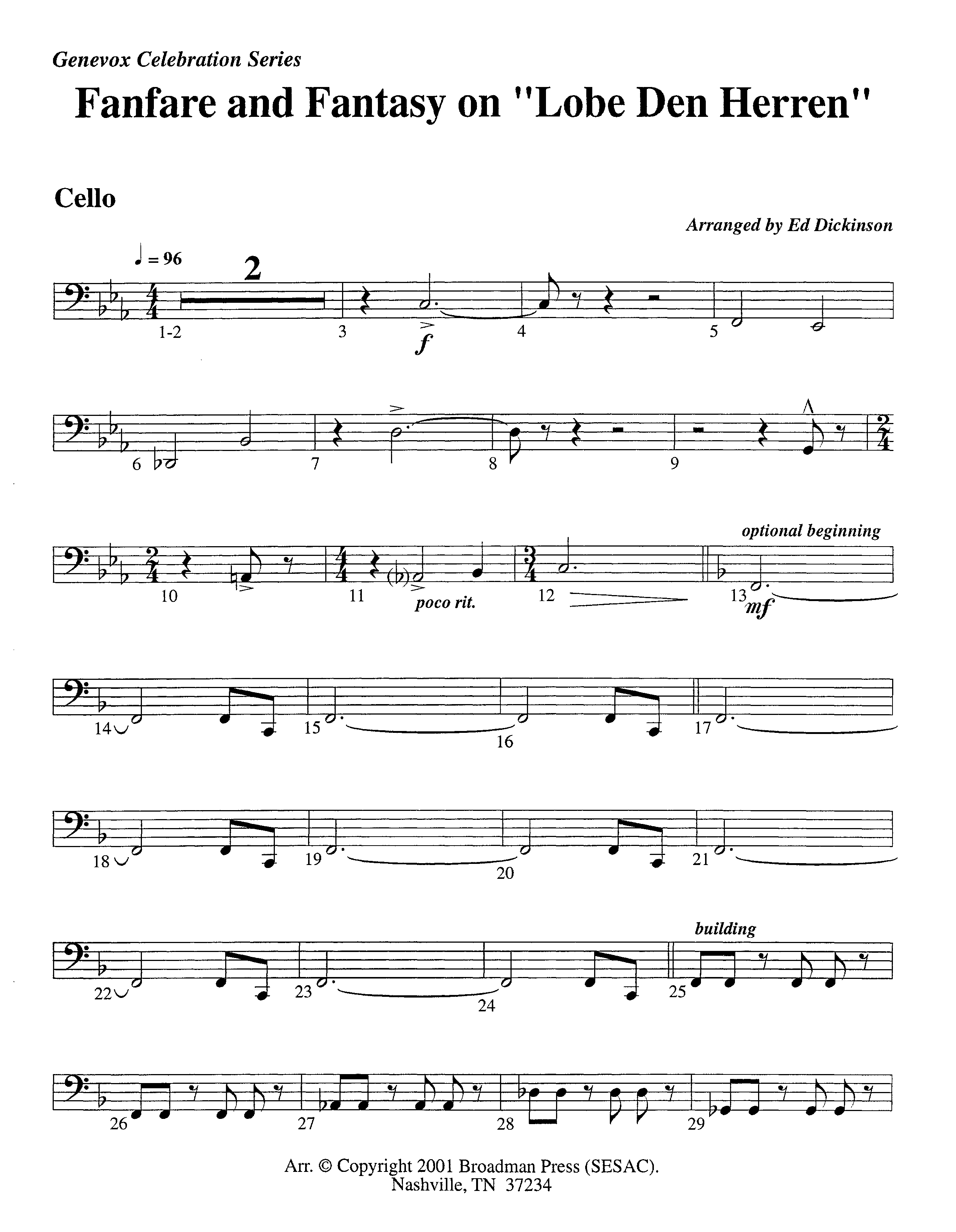 Fanfare and Fantasy on Lobe Den Herren (Instrumental) Cello (Lifeway Worship / Arr. Ed Dickinson)