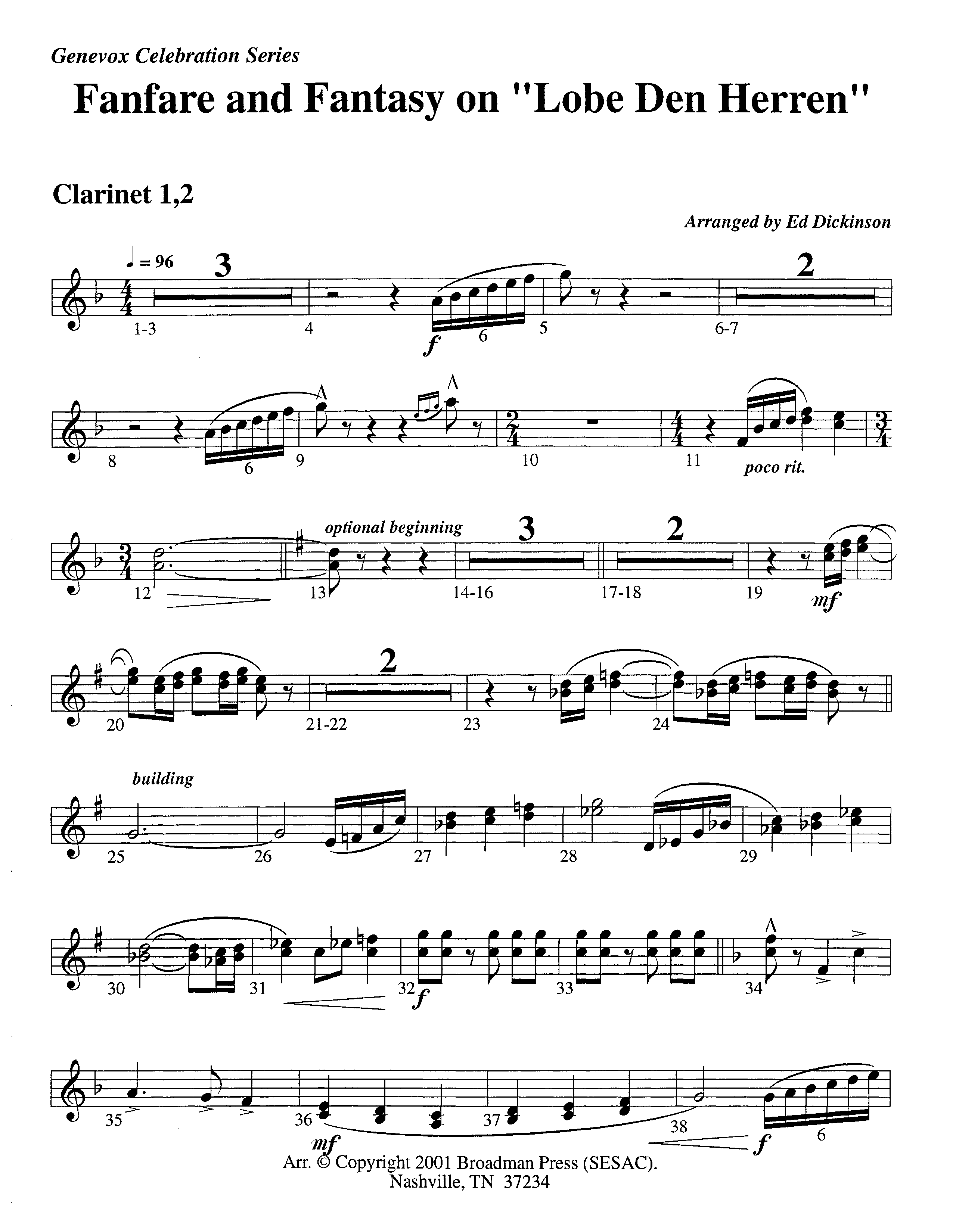 Fanfare and Fantasy on Lobe Den Herren (Instrumental) Clarinet 1/2 (Lifeway Worship / Arr. Ed Dickinson)