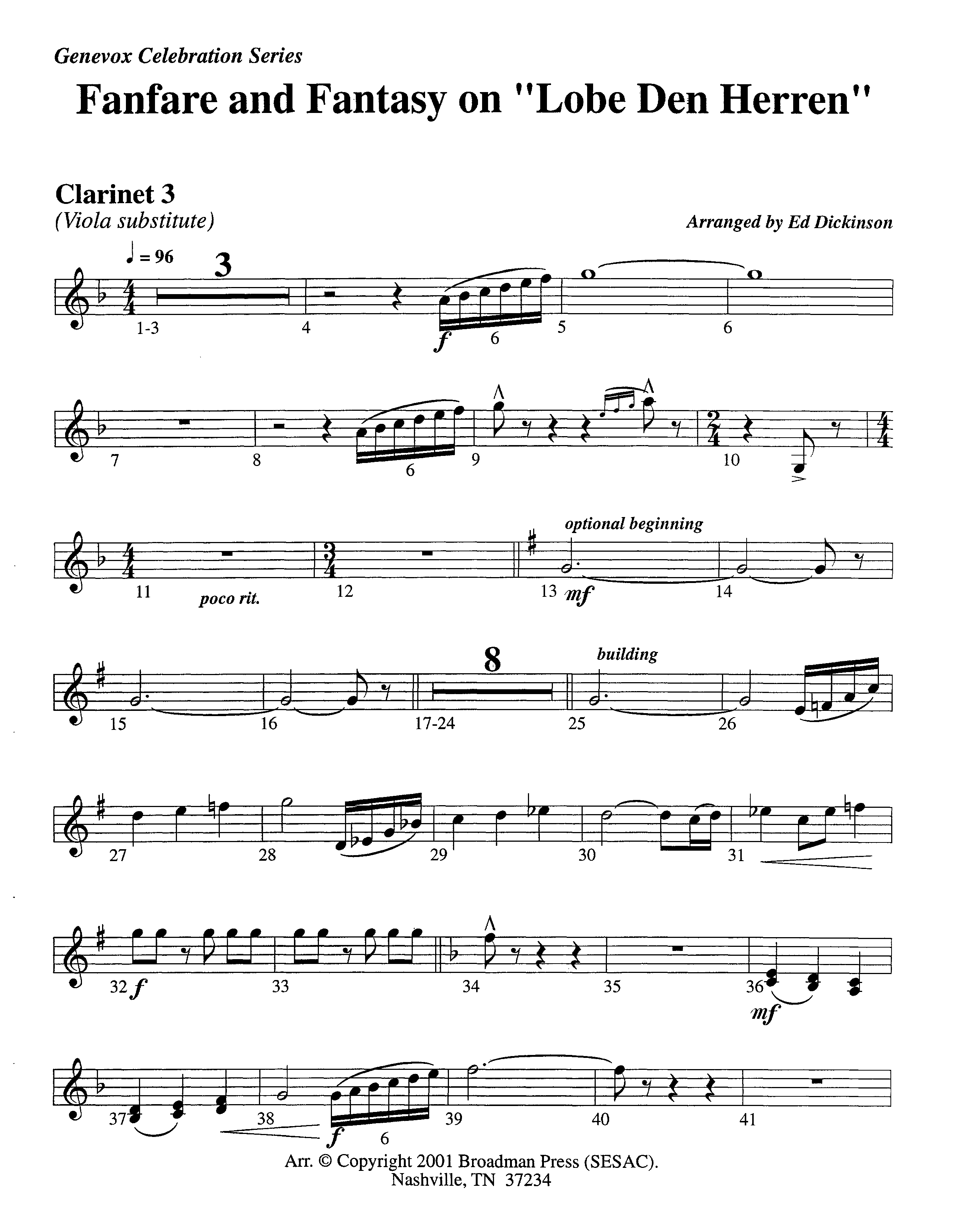 Fanfare and Fantasy on Lobe Den Herren (Instrumental) Clarinet 3 (Lifeway Worship / Arr. Ed Dickinson)