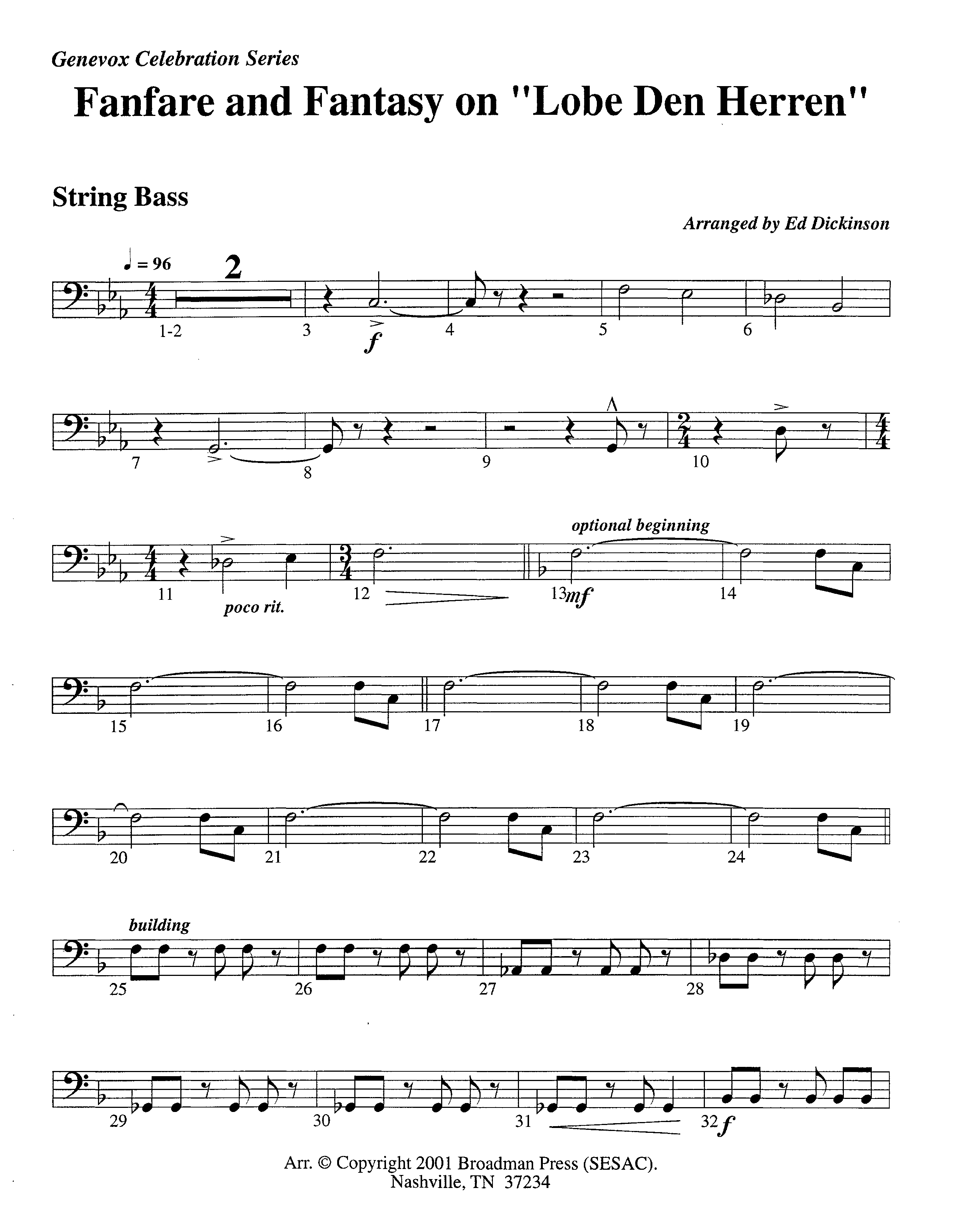 Fanfare and Fantasy on Lobe Den Herren (Instrumental) Double Bass (Lifeway Worship / Arr. Ed Dickinson)