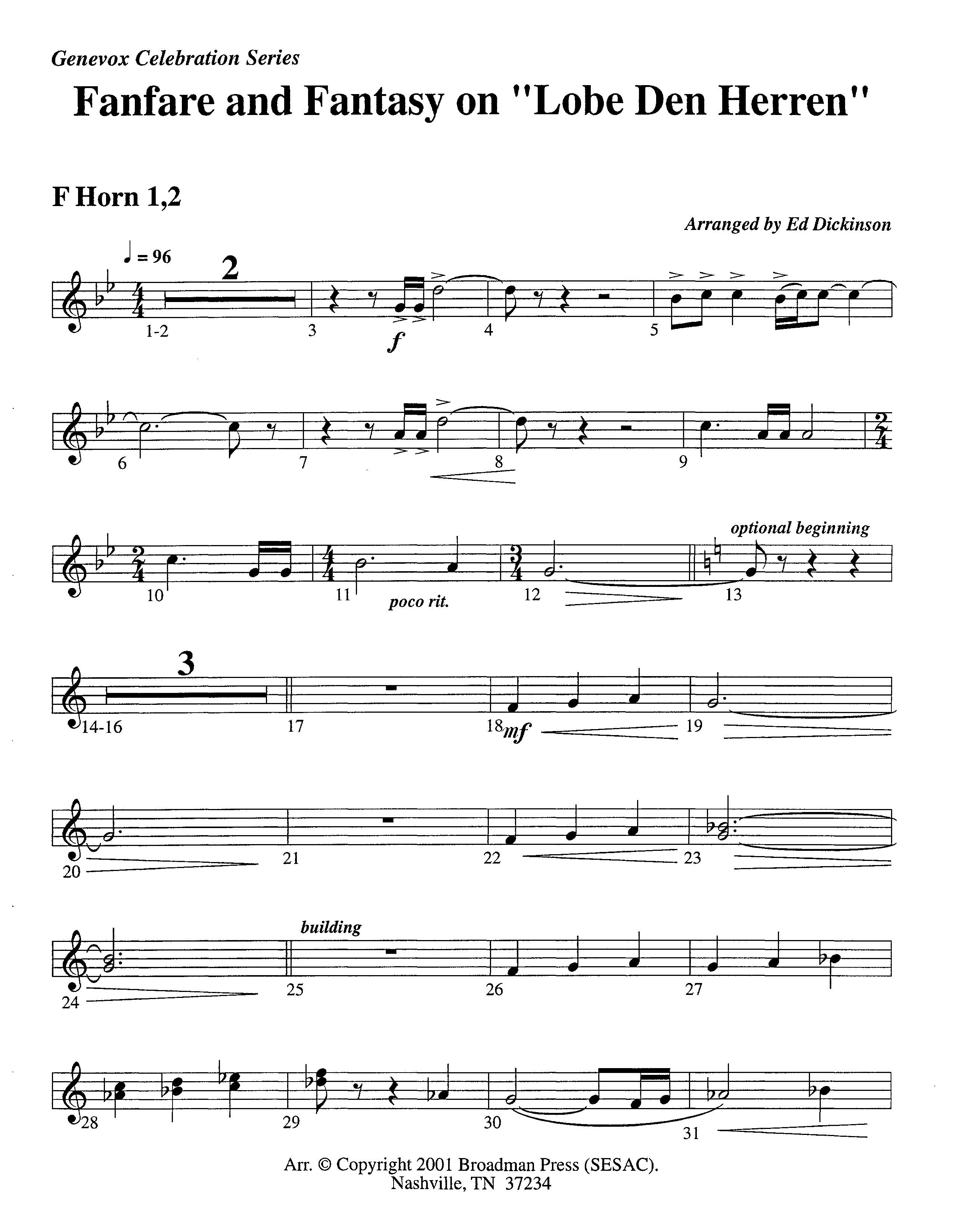 Fanfare and Fantasy on Lobe Den Herren (Instrumental) French Horn 1/2 (Lifeway Worship / Arr. Ed Dickinson)